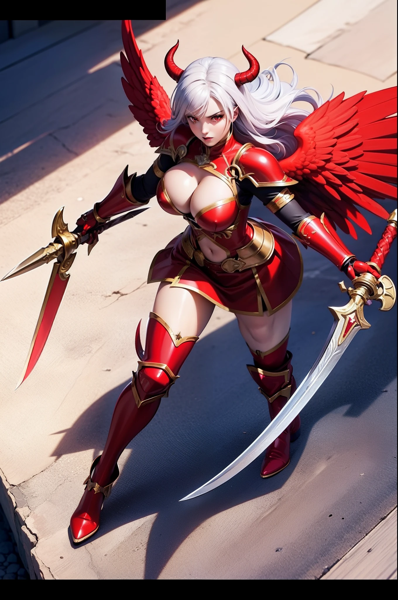 Mature succubus warrior, red and white hair, (full body photo), masterpiece, highest quality, 4k, High detail RAW color Photo, flying through clouds, (dynamic fighting pose), (wearing deep red and gold roman imperial armor), (huge breasts), (armored greaves), (fingerless gloves), (visible navel), nylon, (holding a sword and shield), (large angel wings), succubus horns and tail, seductive, feminine, hyperrealistic, symmetrical, highly detailed, perfect skin, gigapixel, fit, skin pores, high detail hair, (sharp body), detailed body, on focus, gorgeous face.