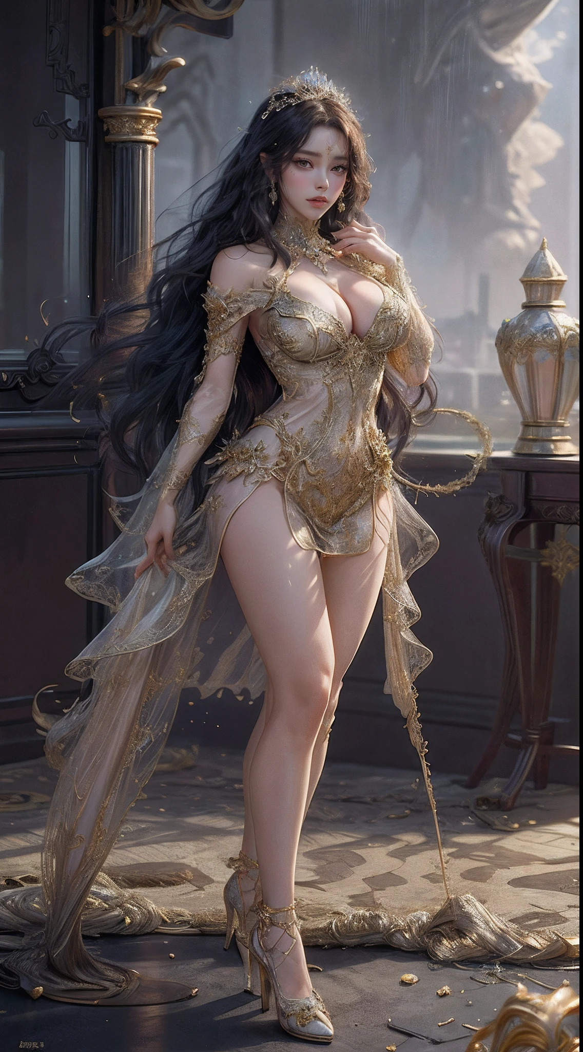 Woman in a golden transparent dress,standing,faceing viewer,High heels, (((Huge breasts, Large cleavage))),Slim waist,(Bare waist), Long hair, micro-curly hair, Ultra-detailed details,High-end Zhenyi station, Rainstorm site, detailed fantasy art, Stunning character art, Beautiful and exquisite character art, Beautiful gold and silver armor, Extremely detailed, Girl in shiny armor, Exquisite tiaras and jewelry,Crystal jewelry filigree, Full body capture, milky ways, Stunning visuals, (dynamic streaks, light tracks:1.2), Vibrant colors,