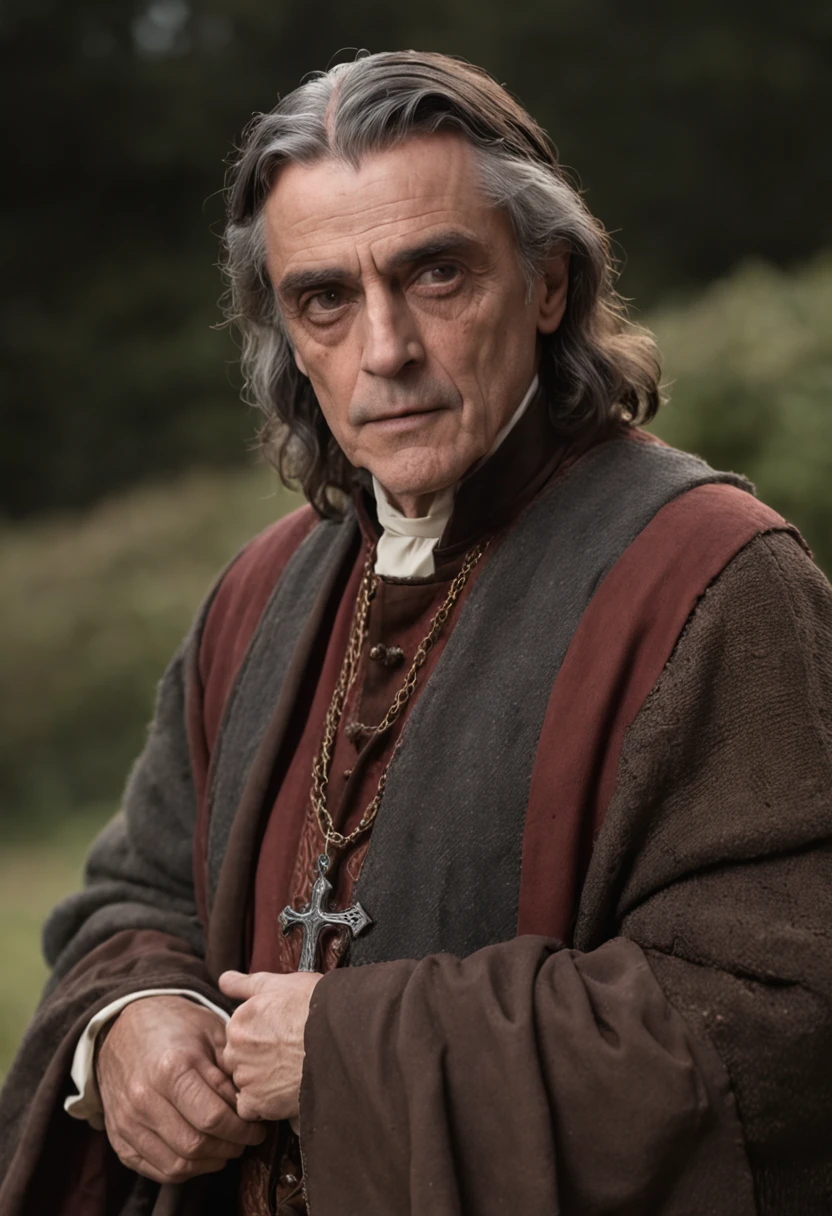 fotografia de retrato, foto de rosto de uma mistura entre Jeremy Irons e Ian McShane como um pastor de fantasia medieval de 50 anos, Enrugada, olhares revoltantes, Cabelo curto de sal e pimenta, cavanhaque, Serious expression, roupas de pastor de fantasia medieval, em um campo medieval, The colors are masterfully captured by the Nikon D850 and a Nikon AF-S NIKKOR 70-200mm f/2.Lente 8E FL ED VR, Pedro Jackson, fantasia, Historical
