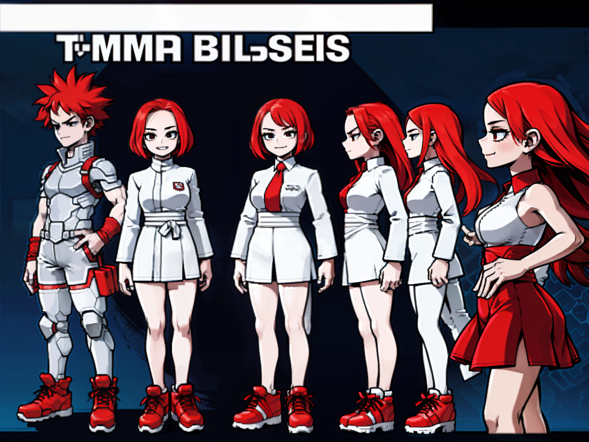 A detailed character sheet, featuring a woman between 18 and 30 years old with tied red hair, smiling, wearing simple attire and footwear. The sheet includes frontal, side, and three-quarter views against a white background, as well as a model sheet and a reference sheet, showcasing different angles and presenting full-body representations.