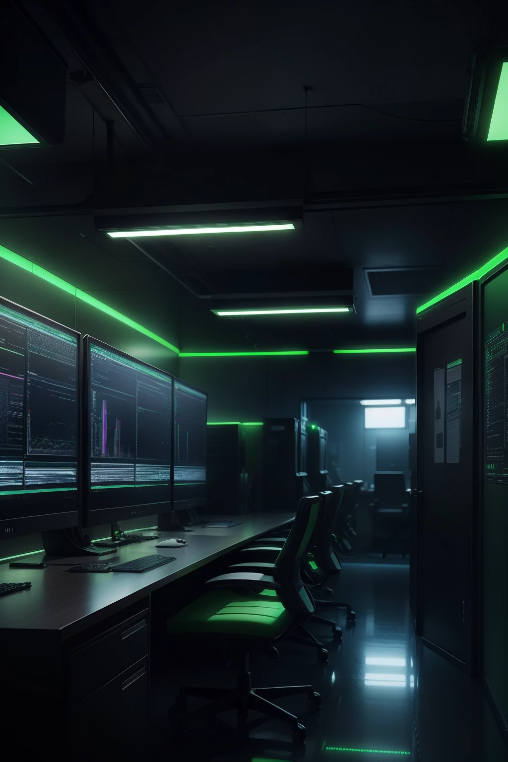 Dark office with green lights, futuristic computers, Graphics appearing on monitors, Realstic, ultra hd, 4k