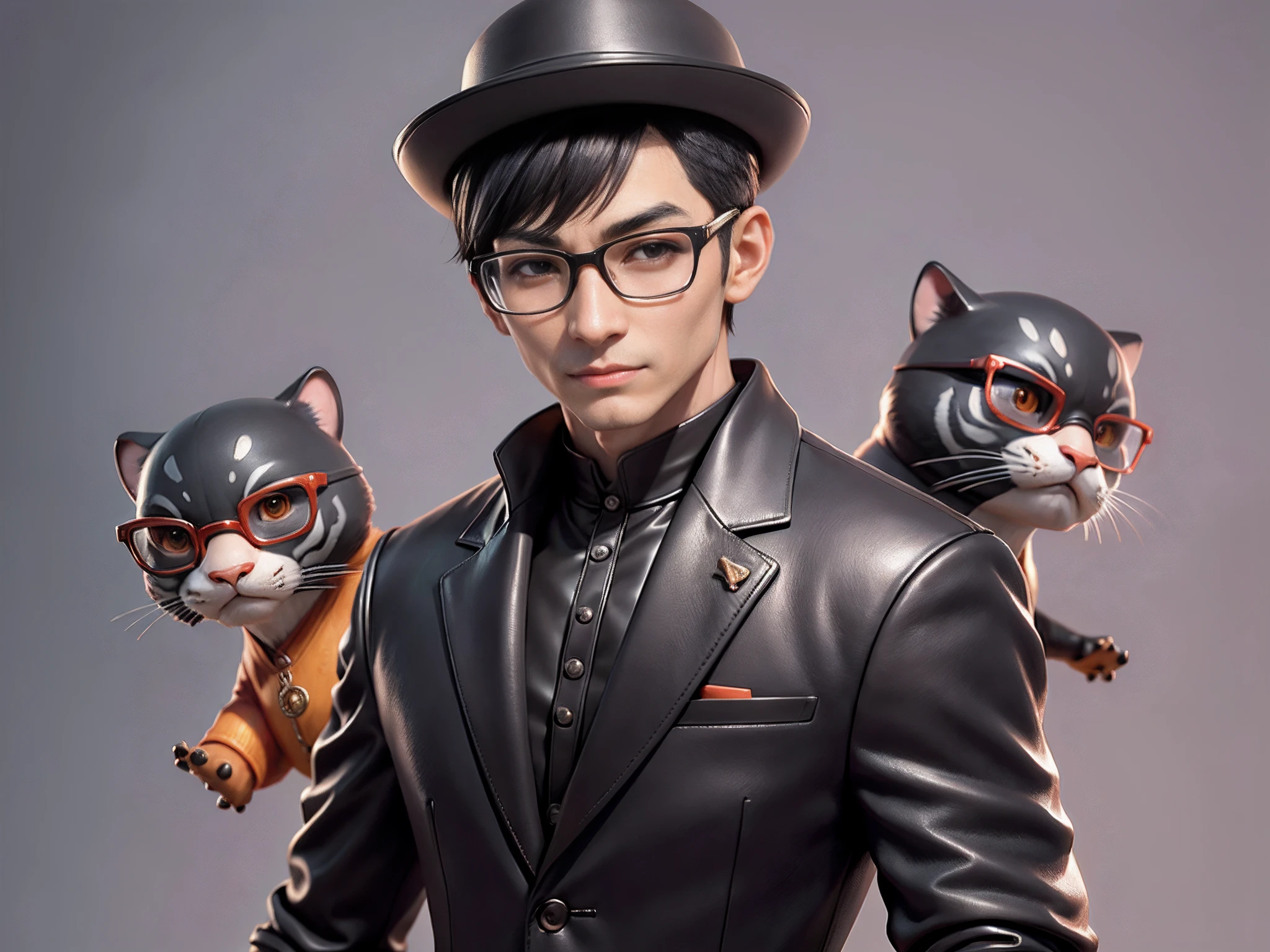 Young man with oriental face in leather hat, tiger, oriental face in formal suit, short black hair, silver glasses, digital painting, 3D character design by Mark Clairedon and Pixar and Hayao Miyazaki and Akira Toriyama, the illustration is a high-definition illustration in 4K resolution with very detailed facial features and cartoon-style visuals.