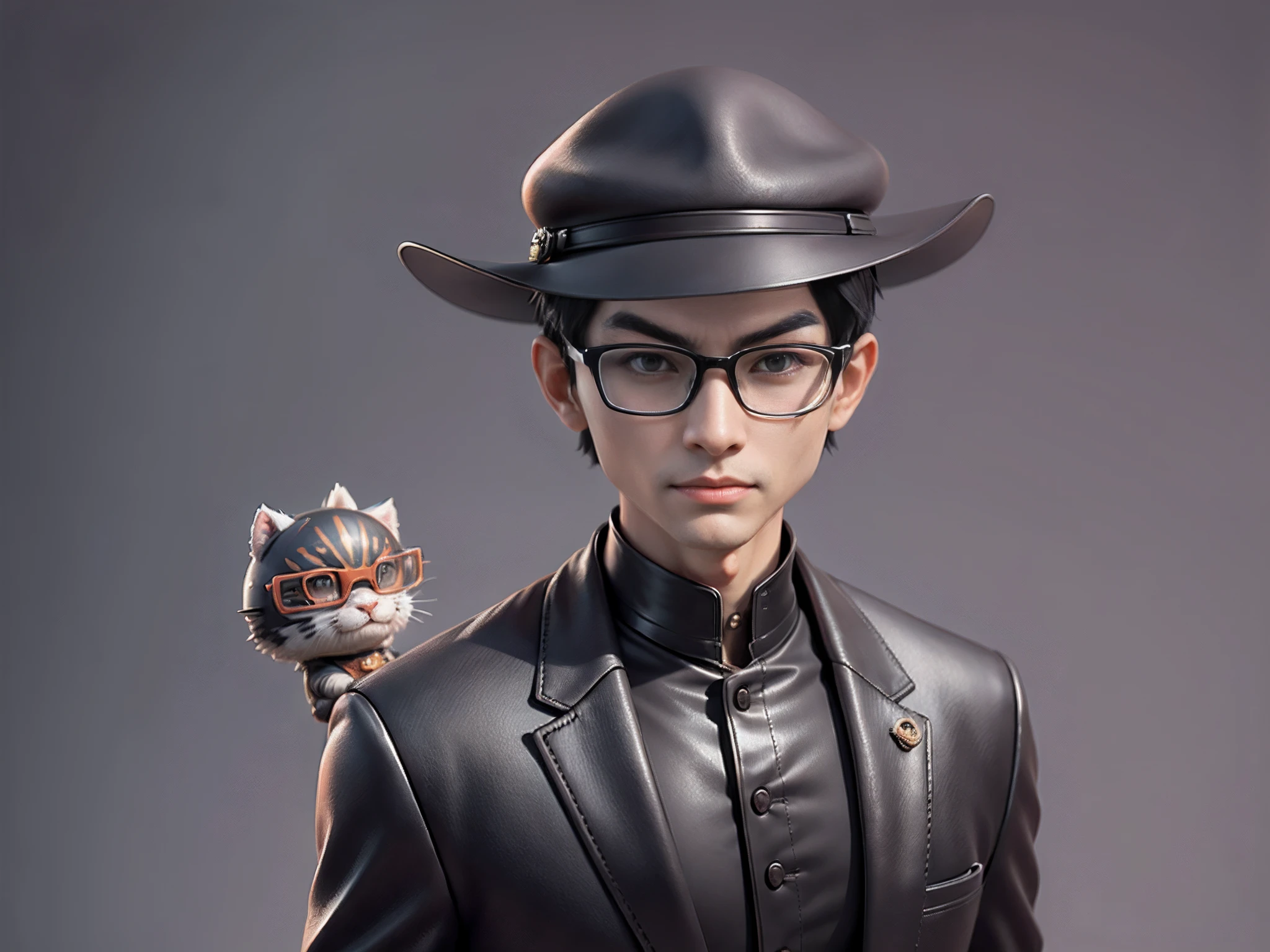Young man with oriental face in leather hat, dragon, formal suit, short black hair, silver glasses, digital painting, 3D character design by Mark Clairedon and Pixar and Hayao Miyazaki and Akira Toriyama, the illustration is a high-definition illustration in 4K resolution with very detailed facial features and cartoon-style visuals.