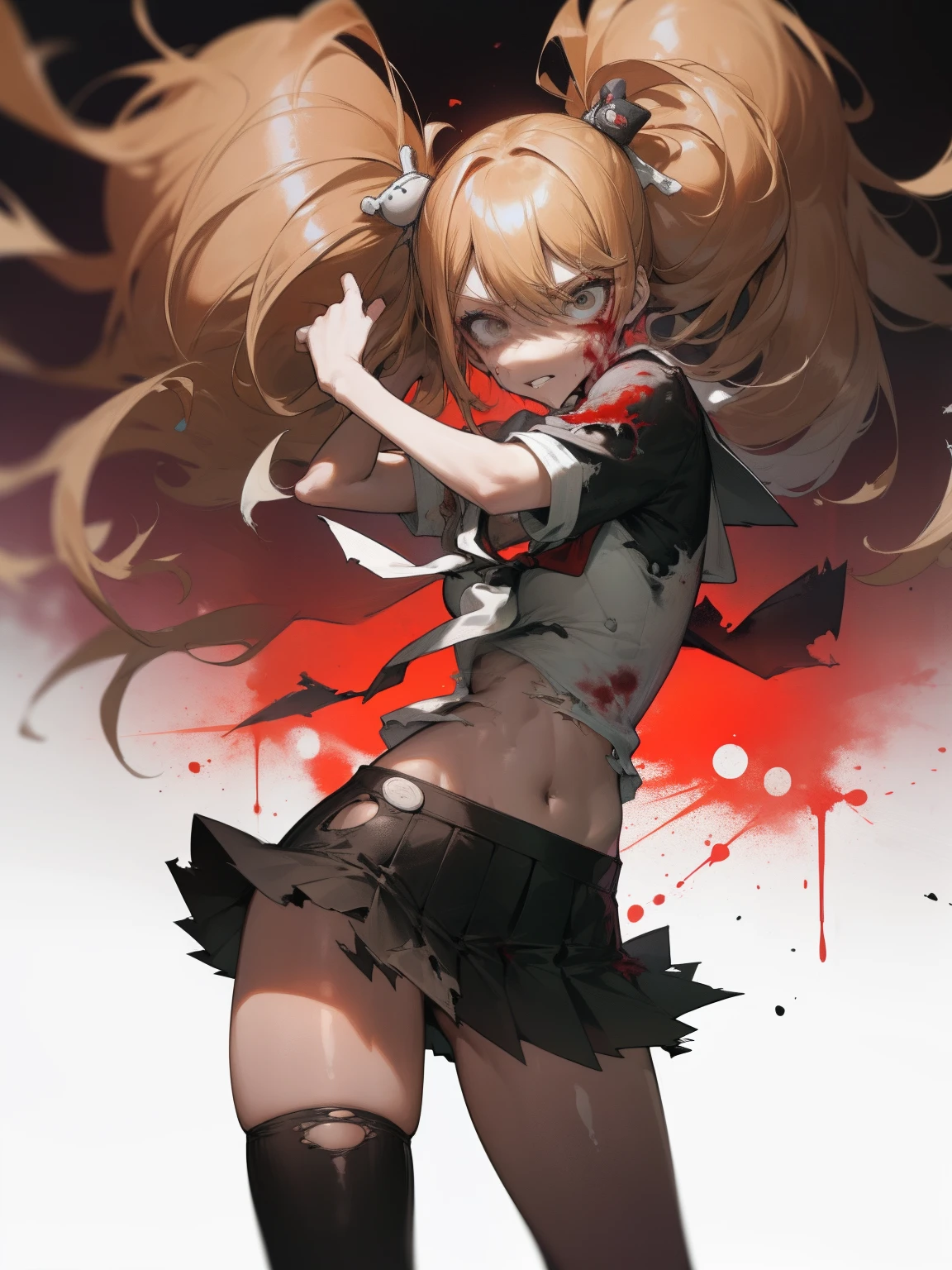 1girl, serafuku, shirt, skirt, (thighhighs:1.1), sneakers, torn clothes, torn shirt, torn skirt, torn legwear, full_body, scared, parted_lips, blood, open_shirt, facing_viewer, fleeing, blood,
black background, arms behind head, bra, torn bra, medium breasts, long blond hair, blood splatter,, masterpiece, best quality, highly detailed