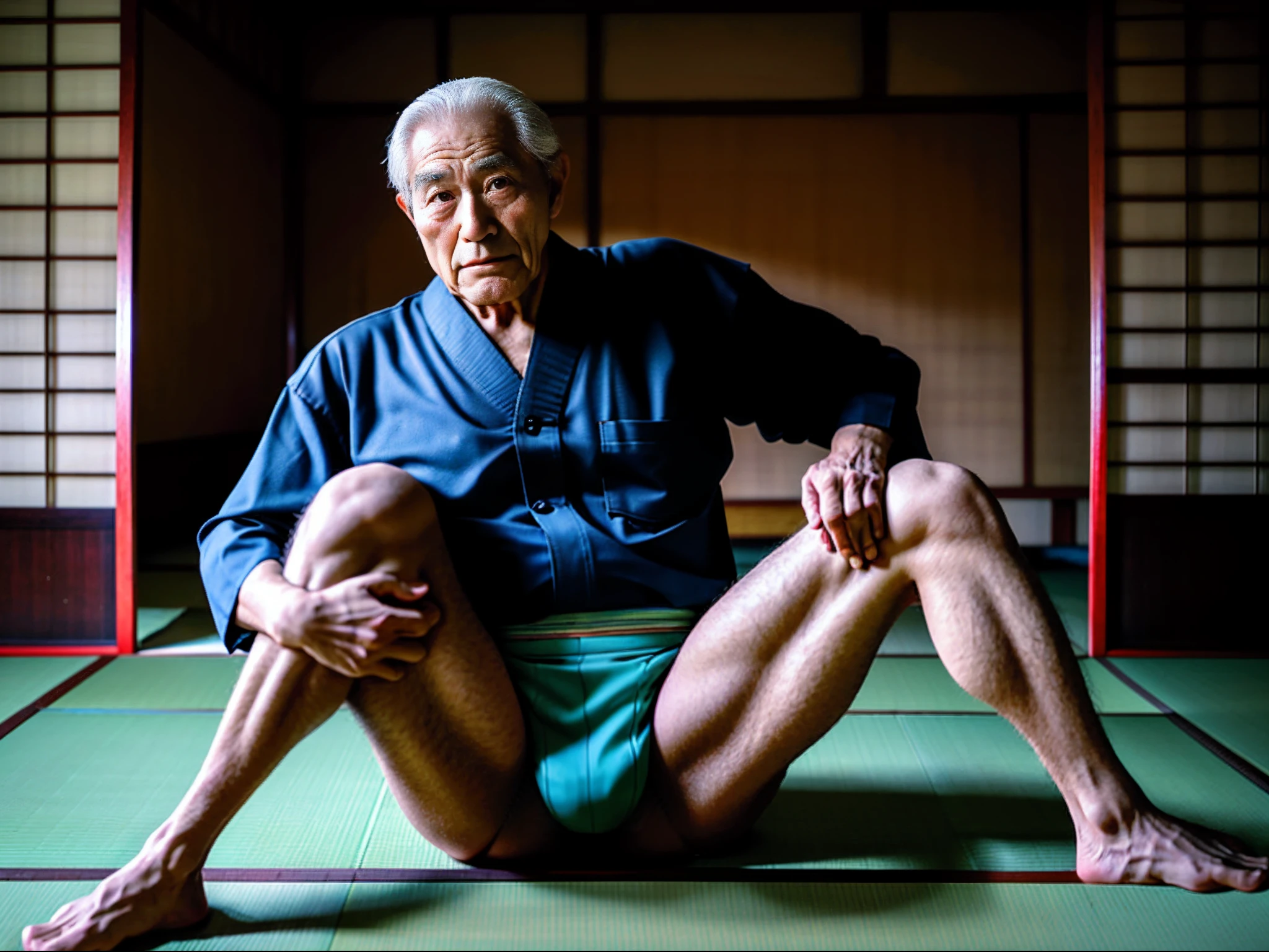 (male people),old age,Strong build,(spread their legs),No clothing,(sexy panty),In old Japanese houses,On tatami,large bulge,Hands tied behind their backs,The crotch faces the camera