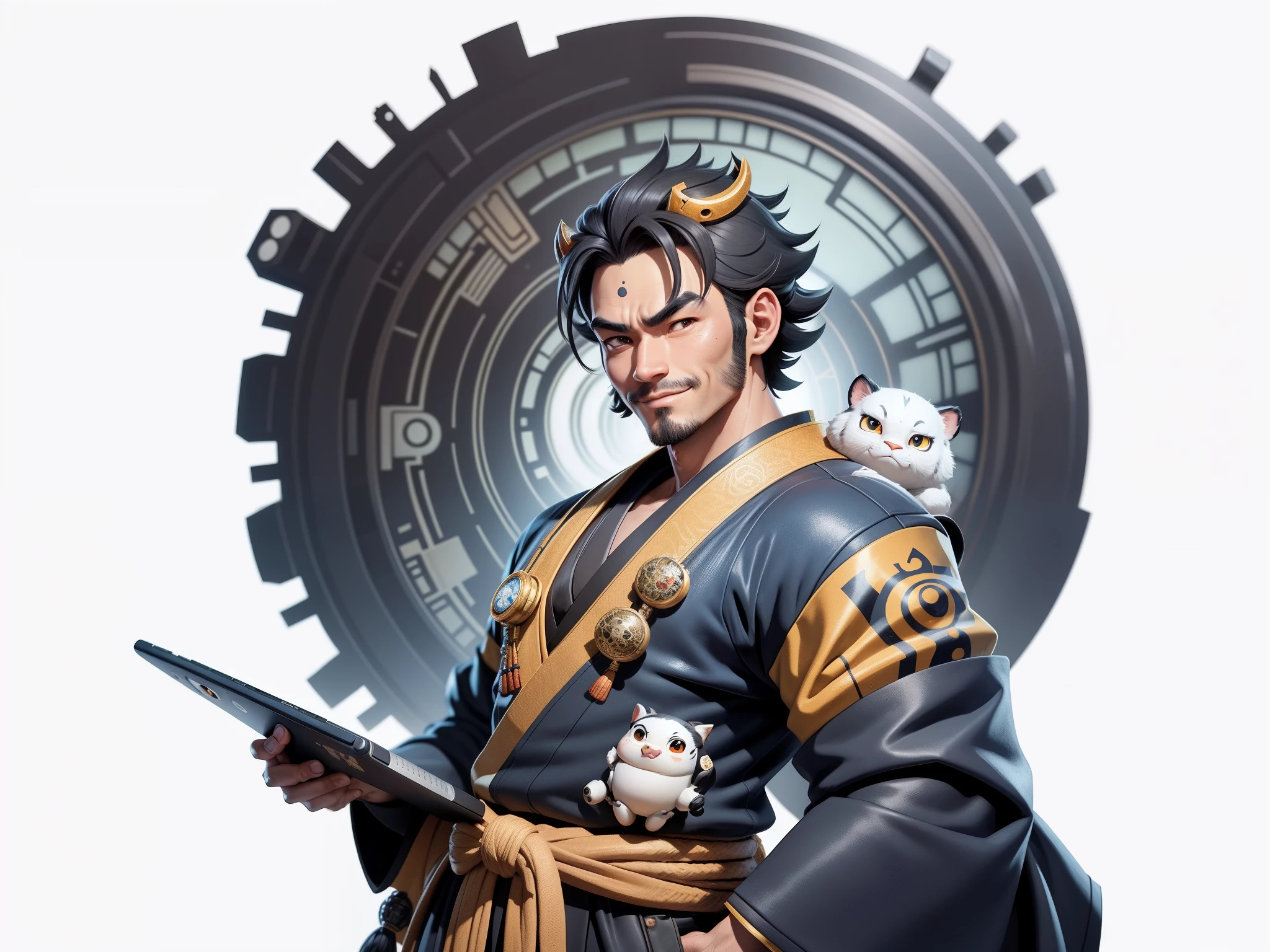 (Daisaku),(Need),(Super meticulous),(full bodyesbian:1.2),Super young man with Japanese geisha,Beautiful,orient,one tiger,Aeolian Thor,Raised sexy,爆乳,Oriental face,TV Anchor,Bust portrait illustration,In black suit,a blue tie,The face is slightly chubby,The face was clean,without a beard,Black super short hair,Black eyes,Smile confidently,3C computer sub-products,iPad, iphone,Digital painting,3D character design by Mark Clairen and Pixar and Hayao Miyazaki and Akira Toriyama,The illustration is a high-definition illustration in 4K resolution,With very detailed facial features and cartoon-style visuals。