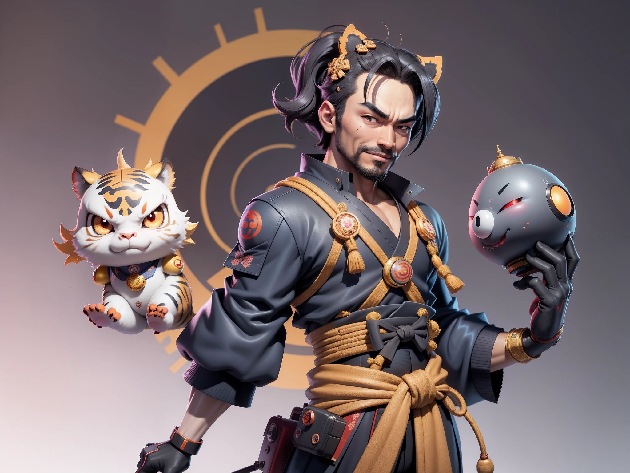 (Daisaku),(Need),(Super meticulous),(full bodyesbian:1.2),Super young man with Japanese geisha，Beautiful，orient，one tiger，Aeolian Thor，Raised sexy，爆乳，Oriental face，TV Anchor，Bust portrait illustration，In black suit，a blue tie，The face is slightly chubby，The face was clean，without a beard，Black super short hair，Black eyes，Smile confidently，3C computer sub-products，iPad， iphone，Digital painting，3D character design by Mark Clairen and Pixar and Hayao Miyazaki and Akira Toriyama，The illustration is a high-definition illustration in 4K resolution，With very detailed facial features and cartoon-style visuals。
