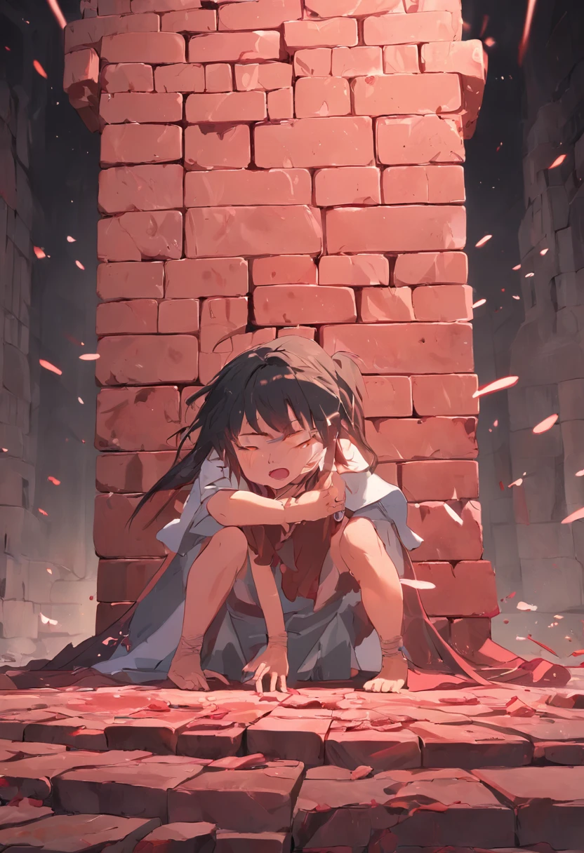 A girl is performing a chest crushing stone,((The girl lay flat on the table)),(A huge square brick pressed against the girl),Blood appeared at the corner of the girl's mouth,A boy picked up a hammer and smashed the stone bricks on the girl's body,The huge stone bricks were subjected to the impact and cracked,Very heavy hammer,