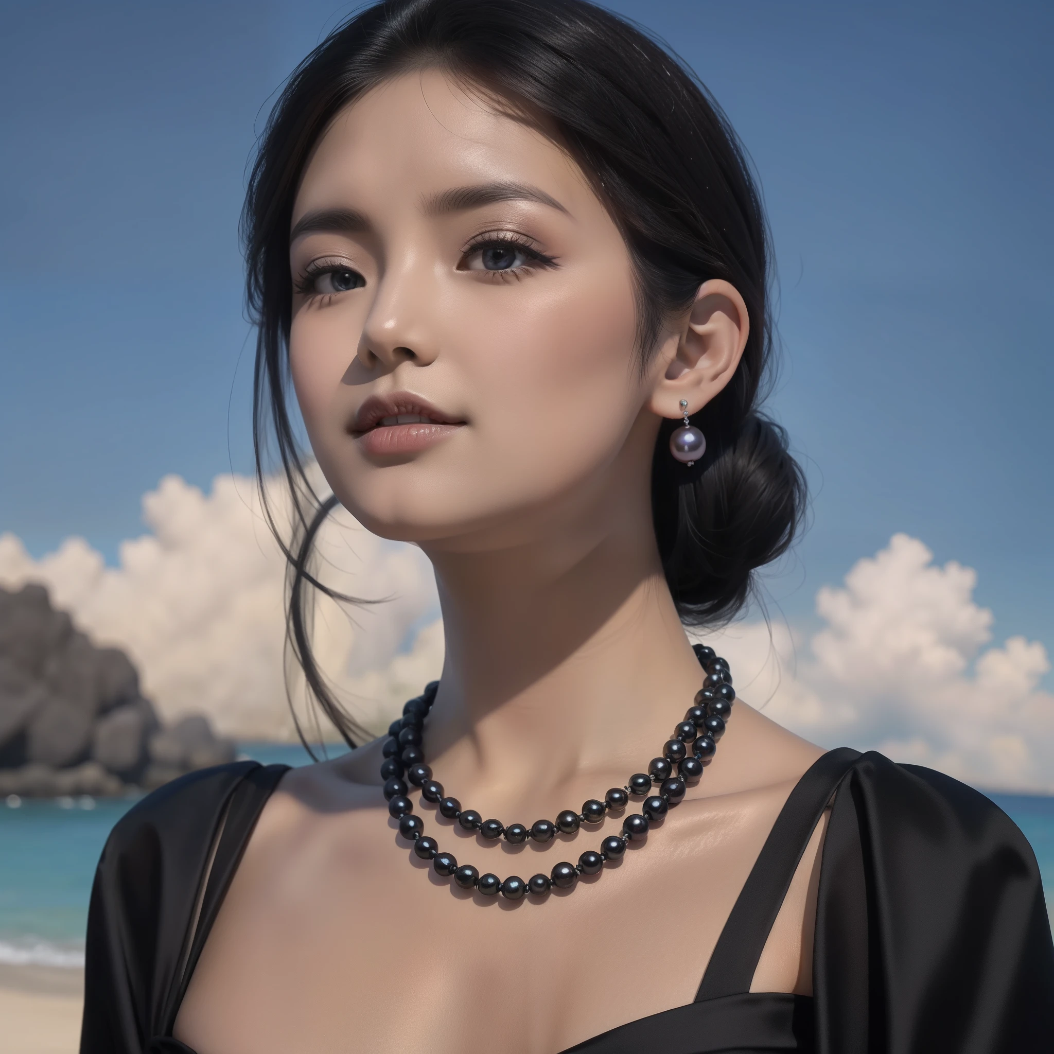 Black pearl necklace,black pearl earrings,White dress,Natural scenery background