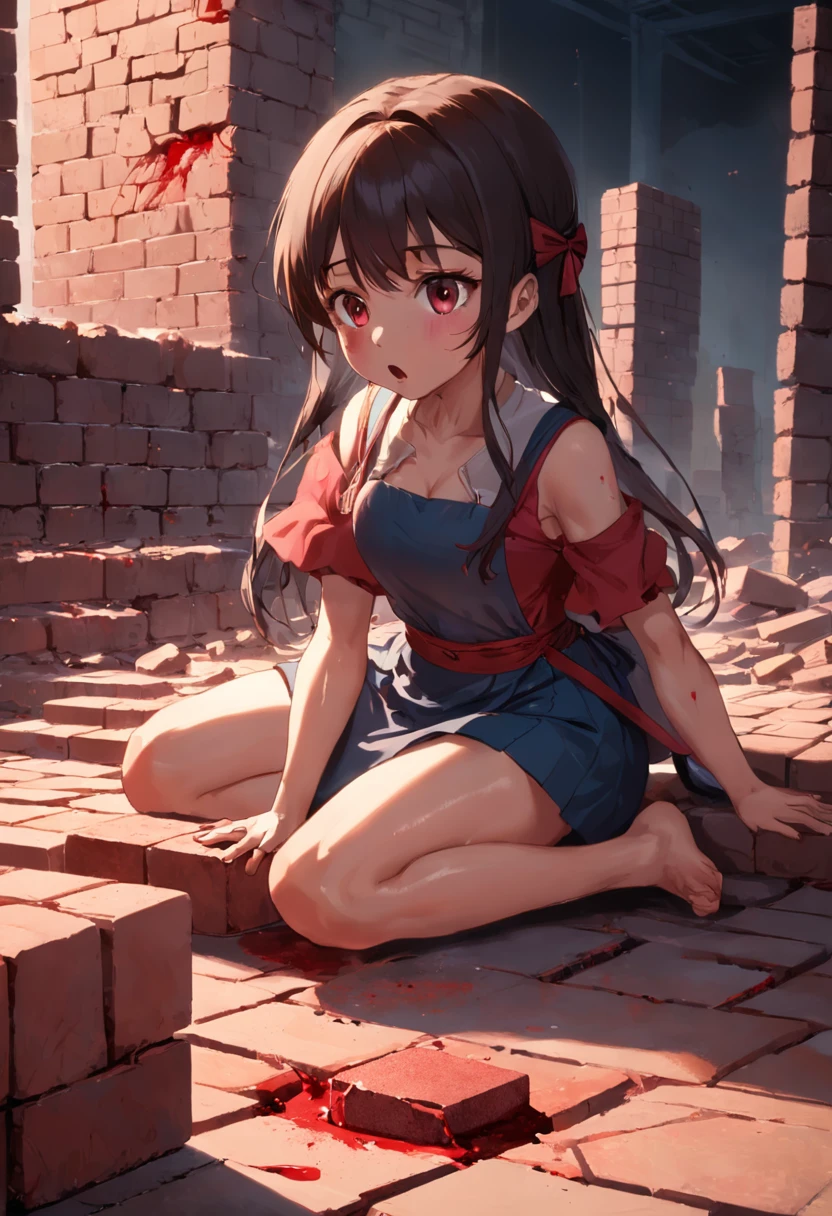 A girl is performing a broken cheststone，The girl lay flat on the table，A huge square brick pressed against the girl，Blood appeared at the corner of the girl's mouth，A boy picks up a sledgehammer，Smashed on the stone bricks on the girl's body，The huge stone bricks were impacted and cracked，"Crushed boulder in the chest"Refers to an acrobatics，On the chest of a person lying down，Put a big stone，Another smashed the boulder with a sledgehammer。