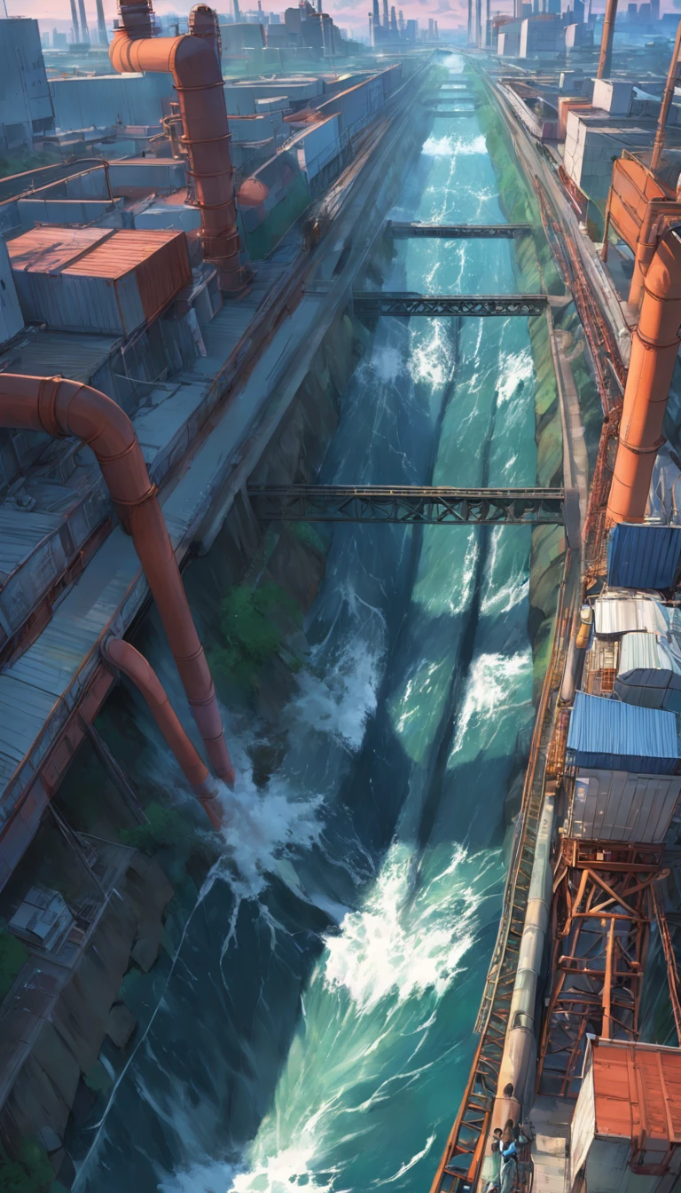 Industrial pipelines dumping pollutants into rivers, lagos y el oceano. Intrincado y nitido