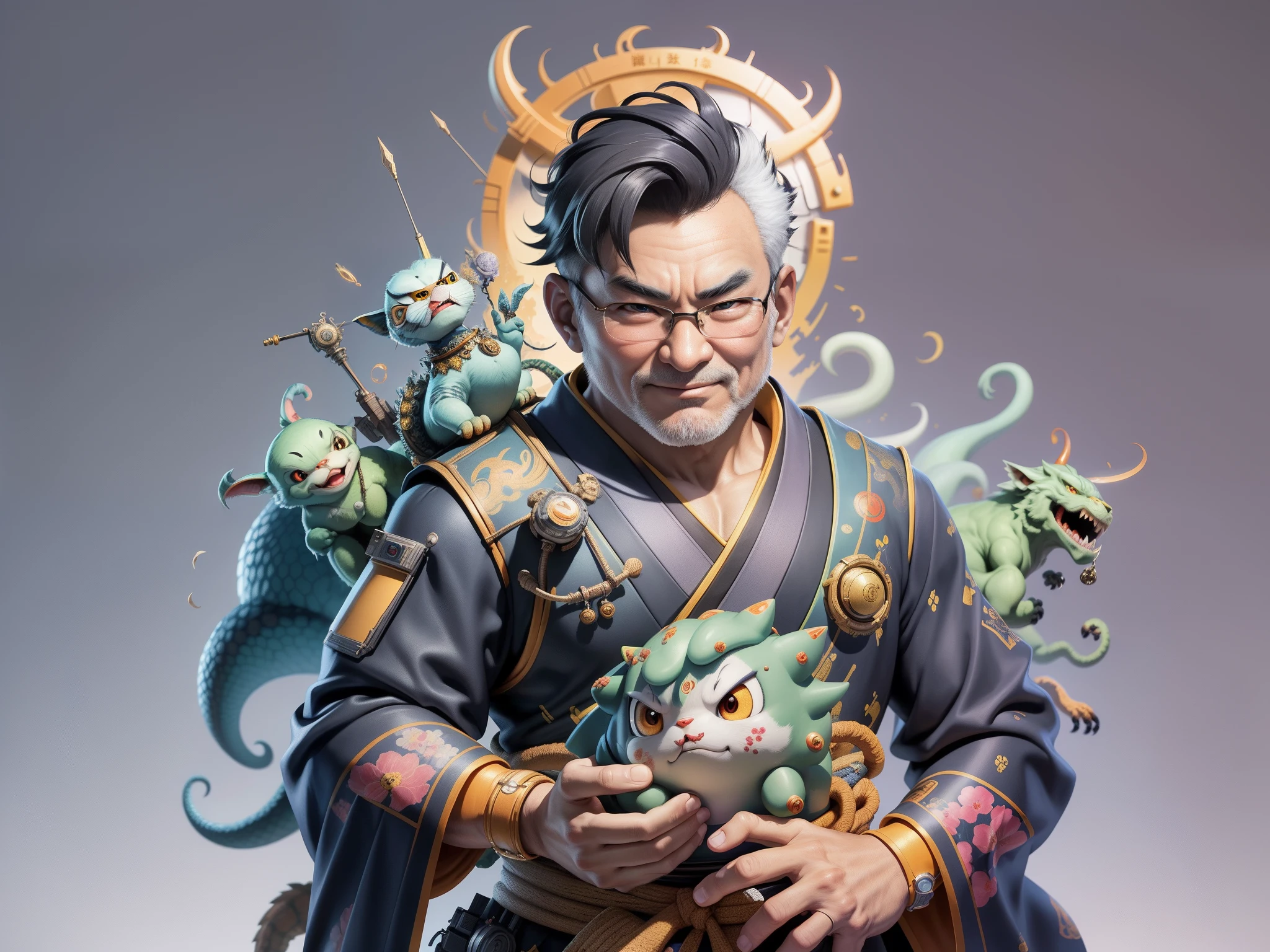 (Masterpiece), (Excellent), (Super Meticulous), (Full Body: 1.2), Super Young Man, Oriental Face, Japanese Kimono, Japanese Wind Thunder God, Dragon, Tiger, TV Anchor, Bust Portrait Illustration, Alone, Black Suit, Blue Tie, Slightly Chubby Face, Very Clean Face, No Beard, Black Super Short Hair, Black Eyes, Confident Smile, 3c Computer Sub-Products, iPad, iPhone, Digital Painting, 3D Character Design by Akira Toriyama and Mark Claireden and Pixar and Hayao Miyazaki, The illustration is a high-definition illustration in 4K resolution with very detailed facial features and cartoon-style visuals.