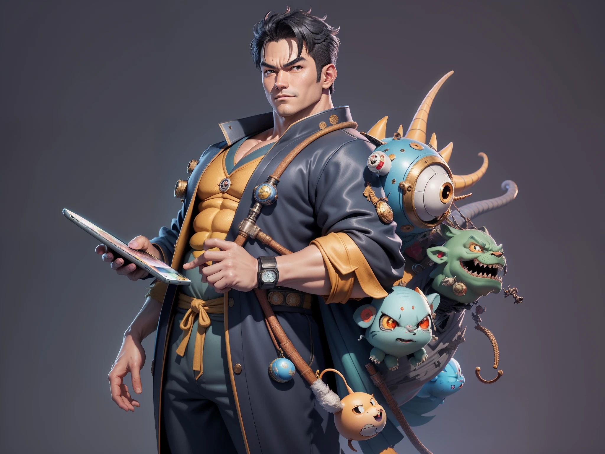 (Masterpiece), (Excellent), (Super Meticulous), (Full Body: 1.2), Super Young Man, Oriental Face, Japanese Kimono, Japanese Wind Thunder God, Dragon, Tiger, TV Anchor, Bust Portrait Illustration, Alone, Black Suit, Blue Tie, Slightly Chubby Face, Very Clean Face, No Beard, Black Super Short Hair, Black Eyes, Confident Smile, 3c Computer Sub-Products, iPad, iPhone, Digital Painting, 3D Character Design by Akira Toriyama and Mark Claireden and Pixar and Hayao Miyazaki, The illustration is a high-definition illustration in 4K resolution with very detailed facial features and cartoon-style visuals.