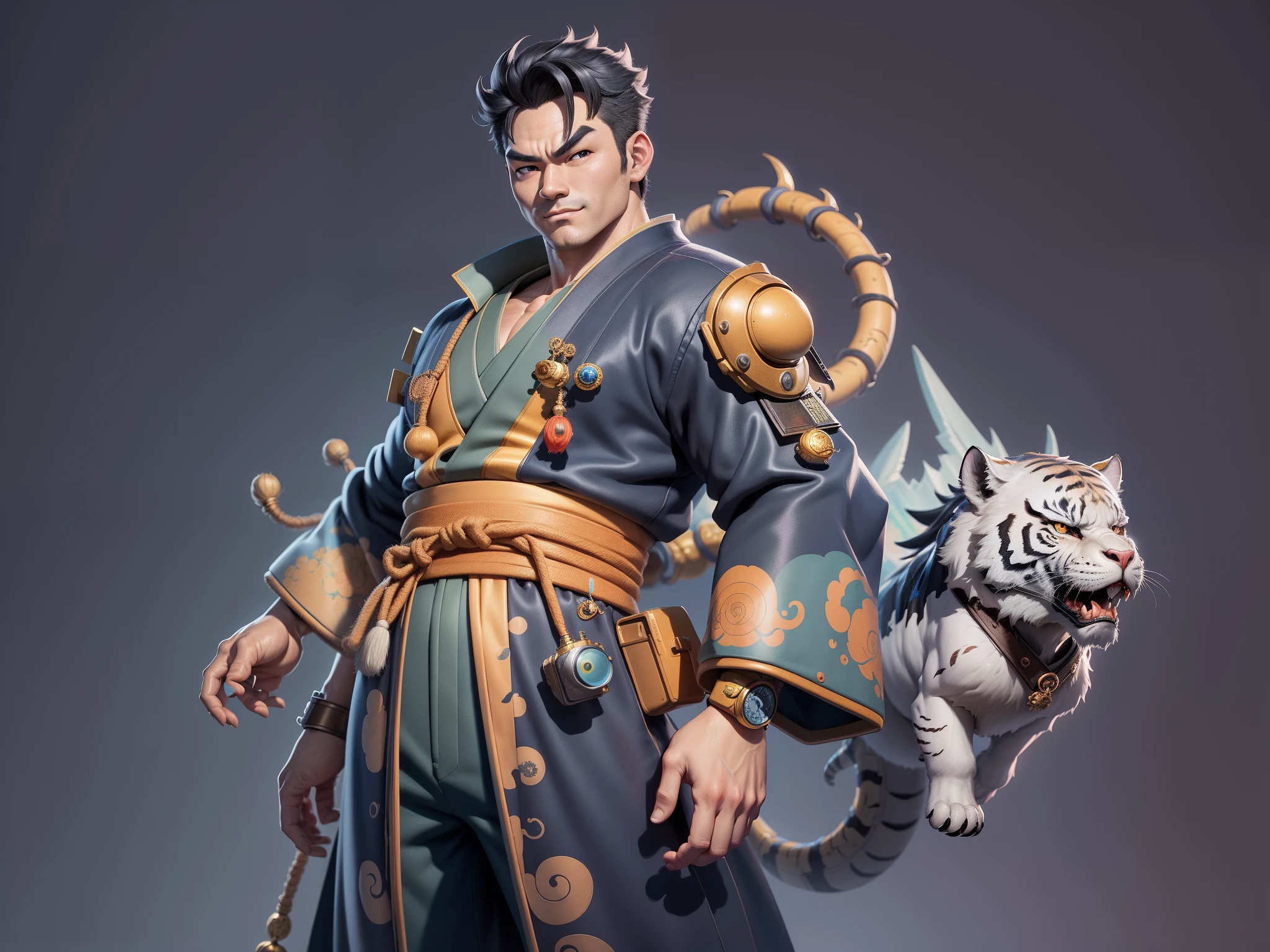(Masterpiece), (Excellent), (Super Meticulous), (Full Body: 1.2), Super Young Man, Oriental Face, Japanese Kimono, Japanese Wind Thunder God, Dragon, Tiger, TV Anchor, Bust Portrait Illustration, Alone, Black Suit, Blue Tie, Slightly Chubby Face, Very Clean Face, No Beard, Black Super Short Hair, Black Eyes, Confident Smile, 3c Computer Sub-Products, iPad, iPhone, Digital Painting, 3D Character Design by Akira Toriyama and Mark Claireden and Pixar and Hayao Miyazaki, The illustration is a high-definition illustration in 4K resolution with very detailed facial features and cartoon-style visuals.