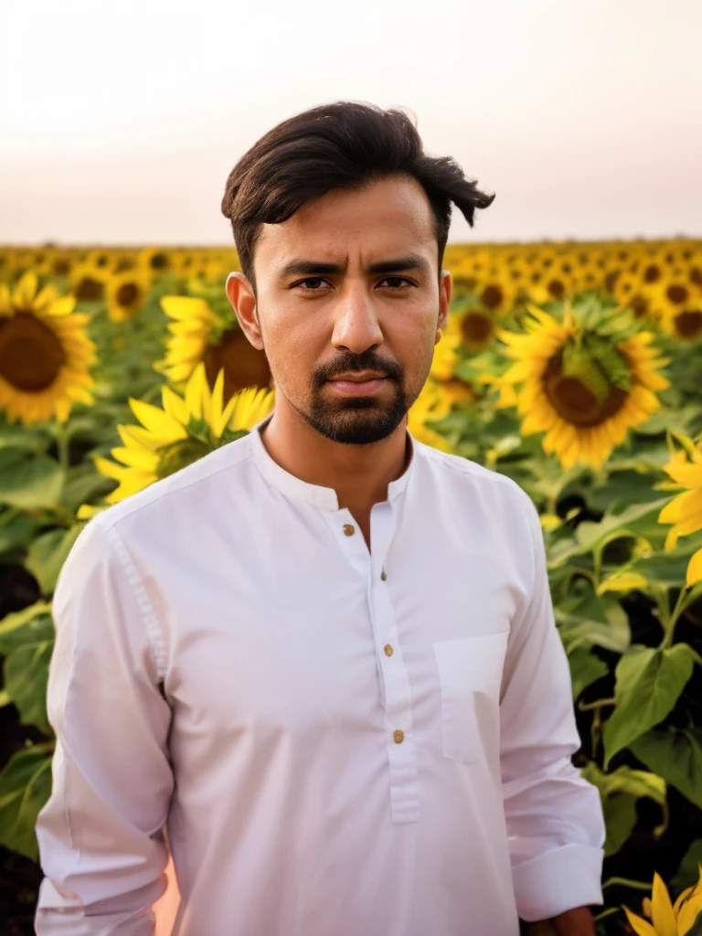 arafed man standing in a field of sunflowers with a serious look on his face, khyzyl saleem, kyza saleem, ash thorp khyzyl saleem, by Riza Abbasi, very very low quality picture, very clear picture, riyahd cassiem, profile picture 1024px, portrait mode photo