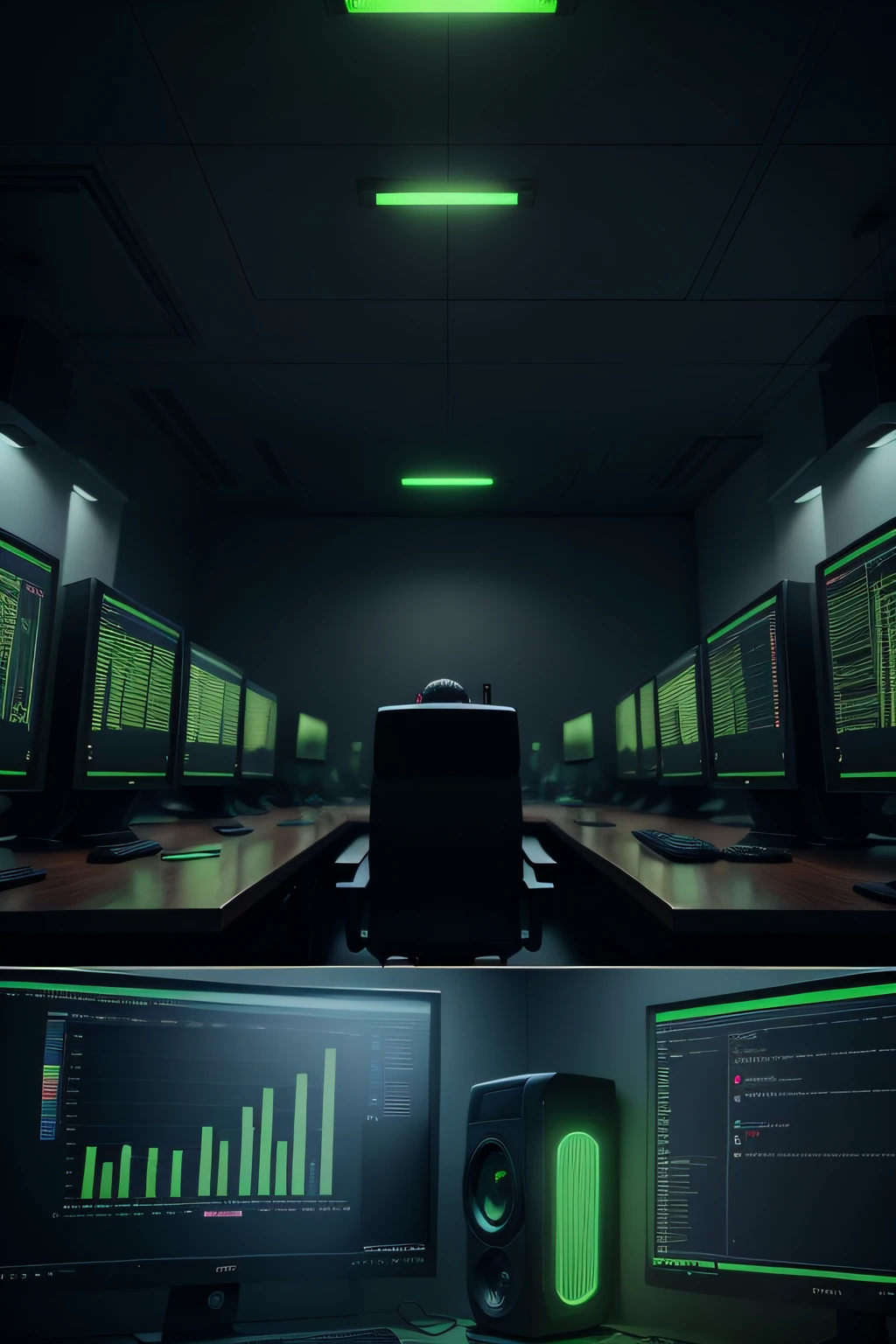 Dark office with green lights, futuristic computers, Graphics appearing on monitors, pessoas trabalhando, data analytics, Realstic, ultra hd, 4k