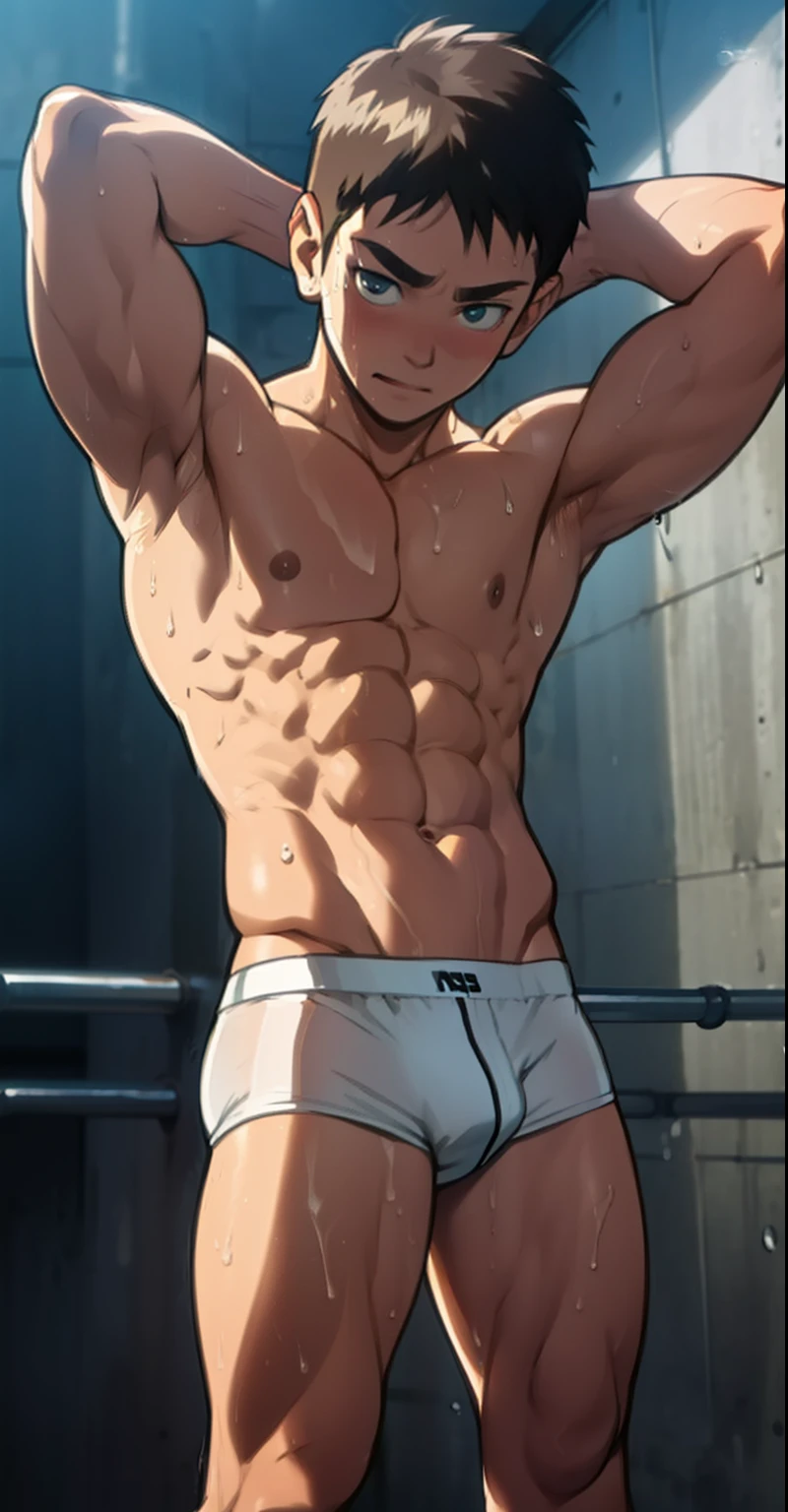 full body, , cute baby face,eat dripping, shiny skin, wearing triangle underwear, underwear bulging due to genitals, white underwear , topless, shirtless, arms raised to reveal armpits, hands behind head (photo angle from bottom up)