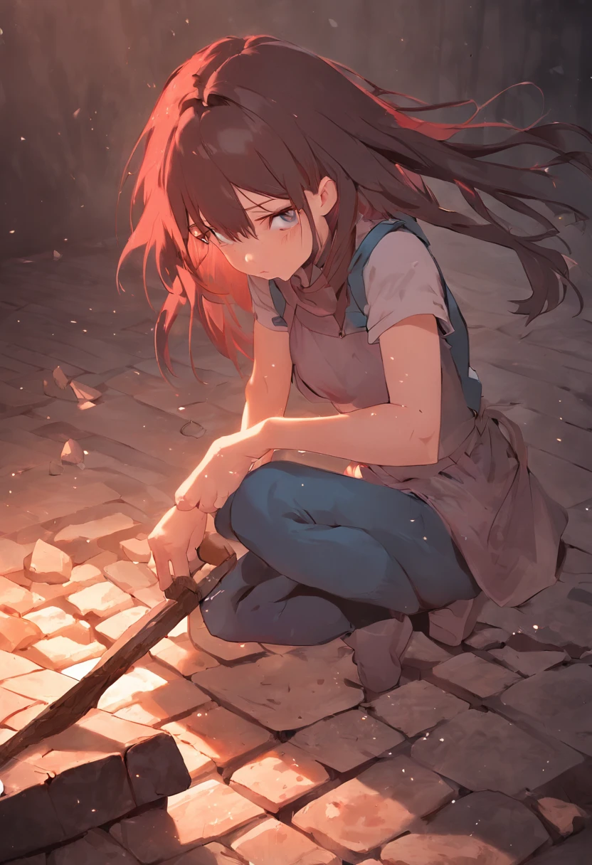 A girl is performing a broken cheststone,The girl lay flat on the table,A huge square brick pressed against the girl,Blood appeared at the corner of the girl's mouth,A boy picks up a sledgehammer,Smashed on the stone bricks on the girl's body,The huge stone bricks were impacted and cracked,"Crushed boulder in the chest"Refers to an acrobatics,On the chest of a person lying down,Put a big stone,Another smashed the boulder with a sledgehammer。