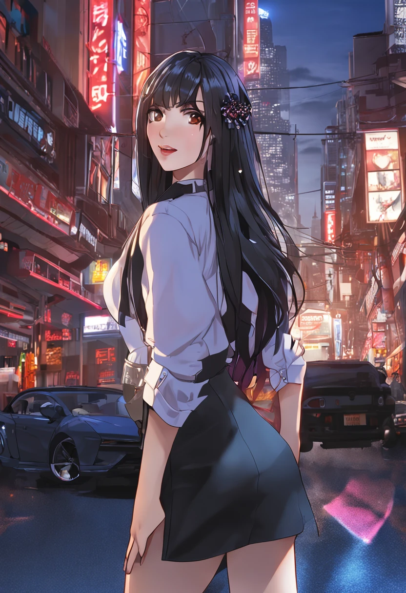 ((Best Quality, 8k, Masterpiece: 1.3)), white crisp shirt on upper body, black straight suit pants on upper body, high heels, super detailed face, detailed eyes, double eyelids, blurred background, slim face, tall building"Image Quality: 8K (Best Quality Scale: 1.2), Artistic Style: Realistic, Photorealistic Factor: 1.37, Clarity: Ultra High Definition, Subject: 2girls driving a car , firm boobs, Shift Dress: mini shirt ,blue hair, neon color and other girl is brown neon colore, very long hair,, feather hair ornament, flashes, stunning night sky, two Teenage Girls (16 years old), Notable Features: Pleasant Smile, Closed Mouth, Exquisite Details, Lovely Nose, Composition: Full Body, Damp Hair, Context: Amidst Colossal Dalsefo, 2nd girl Korean idol looks,two,16 years old girls very clear face" cute smile, close mouth, k pop looks, clear symmetrical clear teeth, very detailed, car show mode