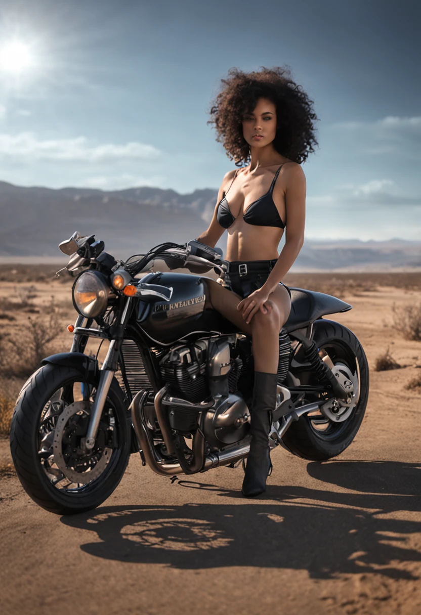 naked girl on a motorcycle, black curly hair,small breast. super realistic photo,small breast.