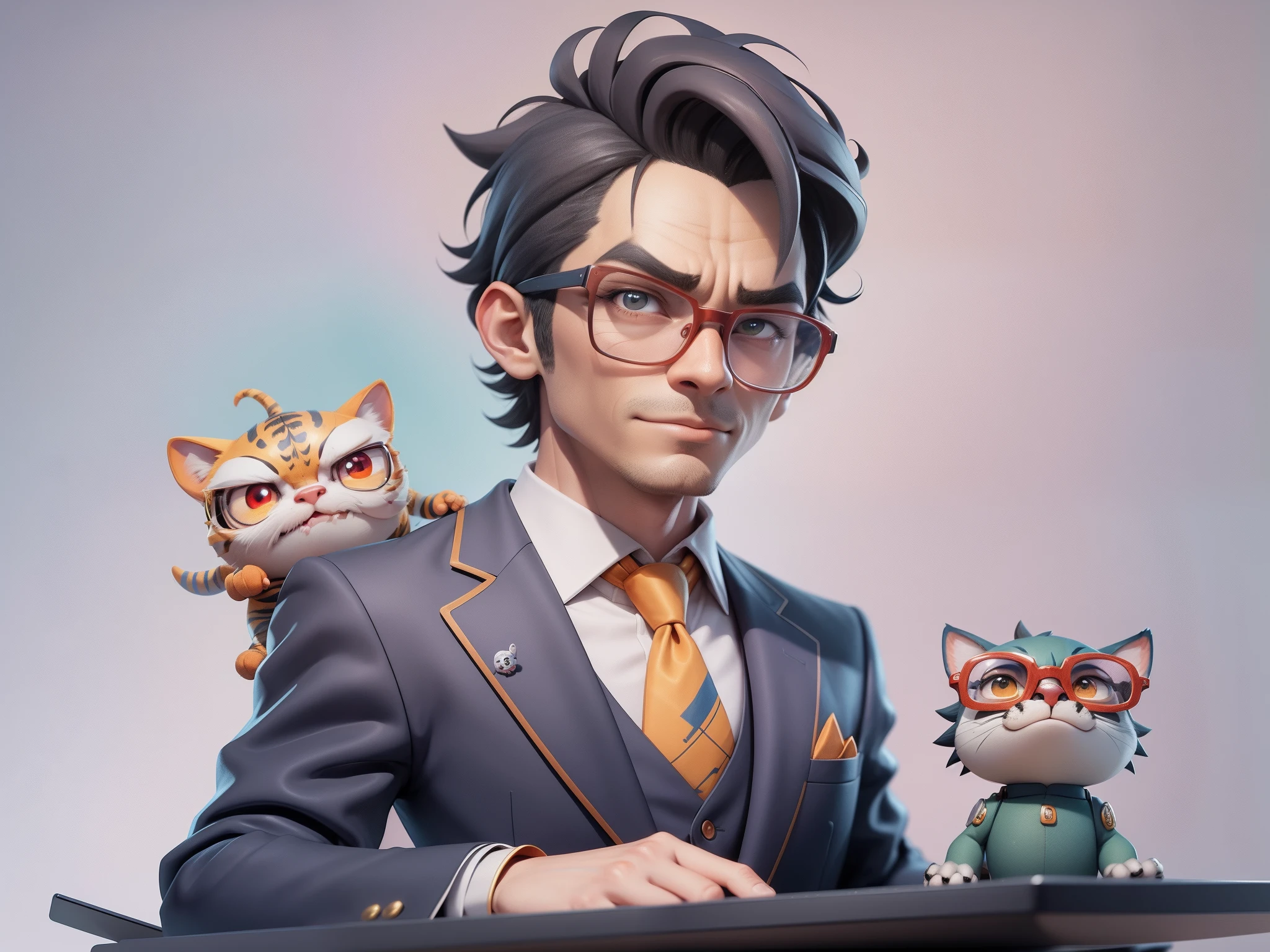 A young man in a suit, Short hair and glasses sat at his desk,holding laptop,digitial painting,tigre,3D character design by Mark Clairen and Pixar and Hayao Miyazaki and Akira Toriyama,4K HD illustration,Very detailed facial features and cartoon-style visuals。