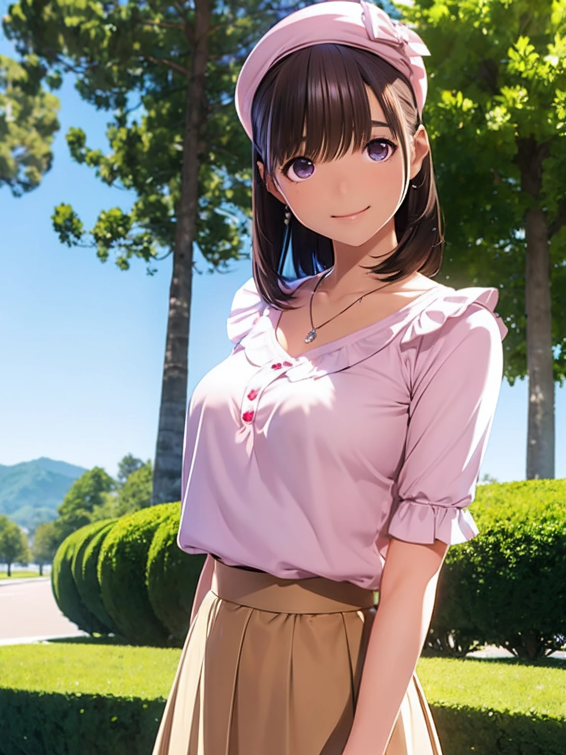 hight resolution,in 8K,Best Quality,detaileds,semi - realistic anime,Anime 3D Style,Smooth Anime CG,1 girl in,20 year old woman in Japan,slim,modeled,shiny chestnut hair,Medium Hair,Detailed face,Beautiful and detailed eyes,Glowing skin,randome pose,((Light pink ruffled blouse)),((brown long skirt)),beret,a necklace,A smile,a park,Sunnyday