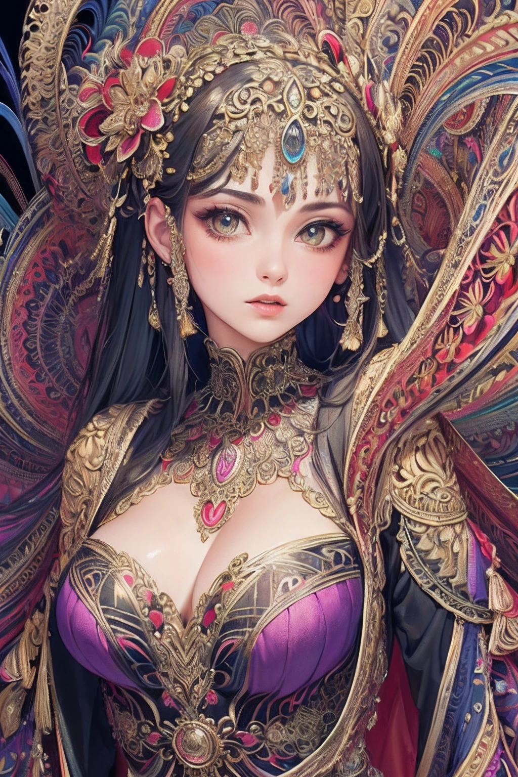 (masterpiece, top quality, best quality, official art, beautiful and aesthetic:1.2), (1girl:1.3), extremely detailed,(fractal art:1.2),colorful,highest detailed,(zentangle:1.2), (dynamic pose), (abstract background:1.5), (traditional dress:1.2), (shiny skin), (many colors:1.4), upper body
