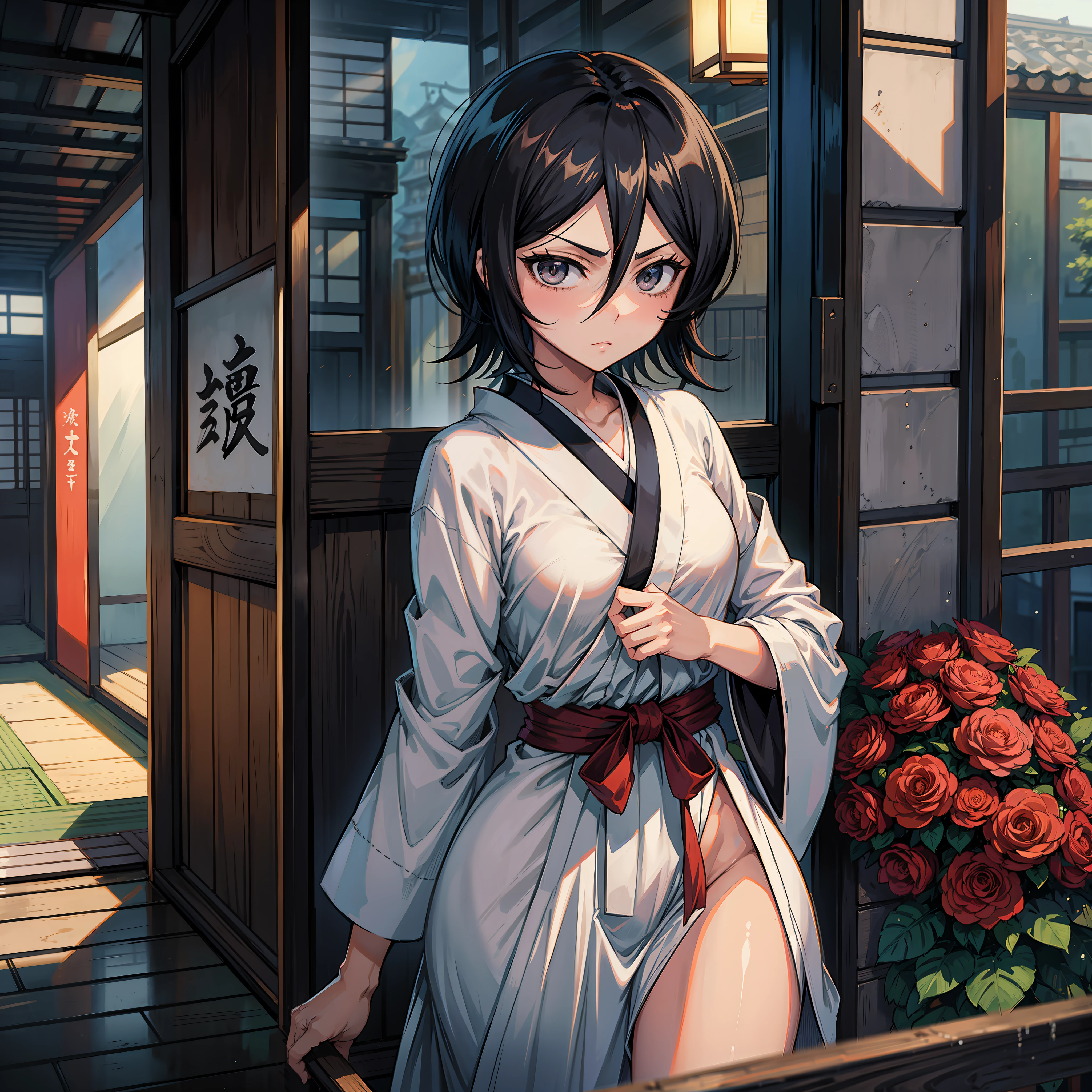 Rukia Kuchiki (bleach, short black hair, petite), sexy kimono, sexy pictures in a japanese city