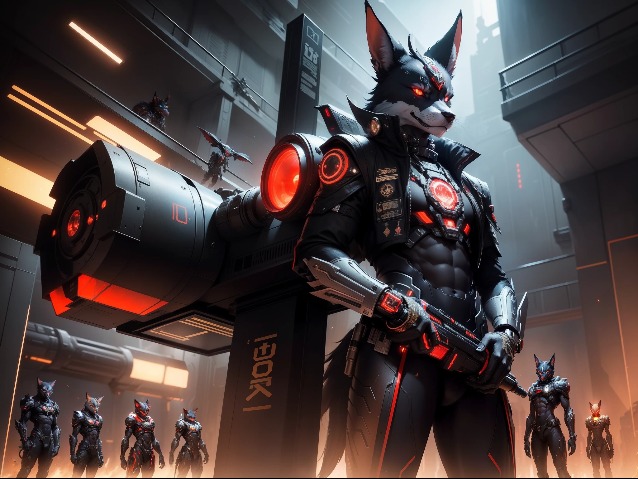 High Resulotion , Much details, Digital Art ,
On the Front a black-gold Male Anthro Anubian cyborg Jackal acrador Mindmachine with a scifi Blaster and Red Eyes , Background : Neonlighs and Scifi Hanger with Spaceships , in the distance stand some Black-red Anthro Anubian jackal soldiers , Any Red Banners at the walls