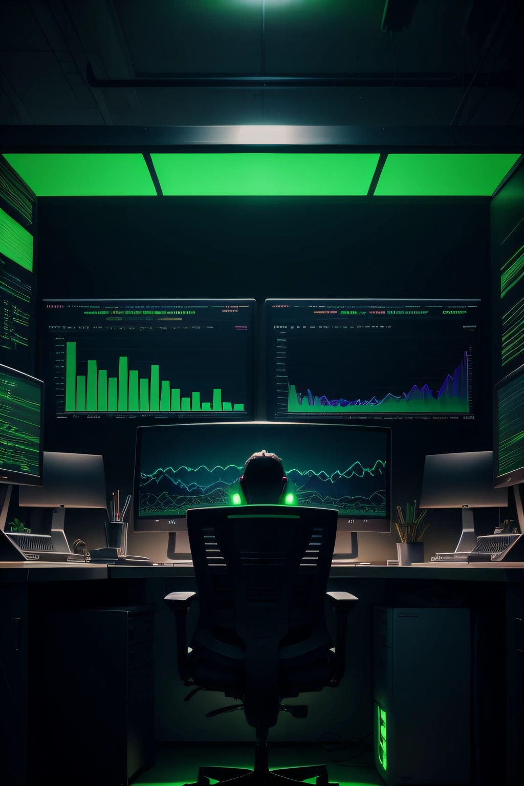 Dark office with green lights, Computadores futuristas, Graphics that appear on monitors, pessoas trabalhando, data analytics, Realista, Ultra HD |, 4k