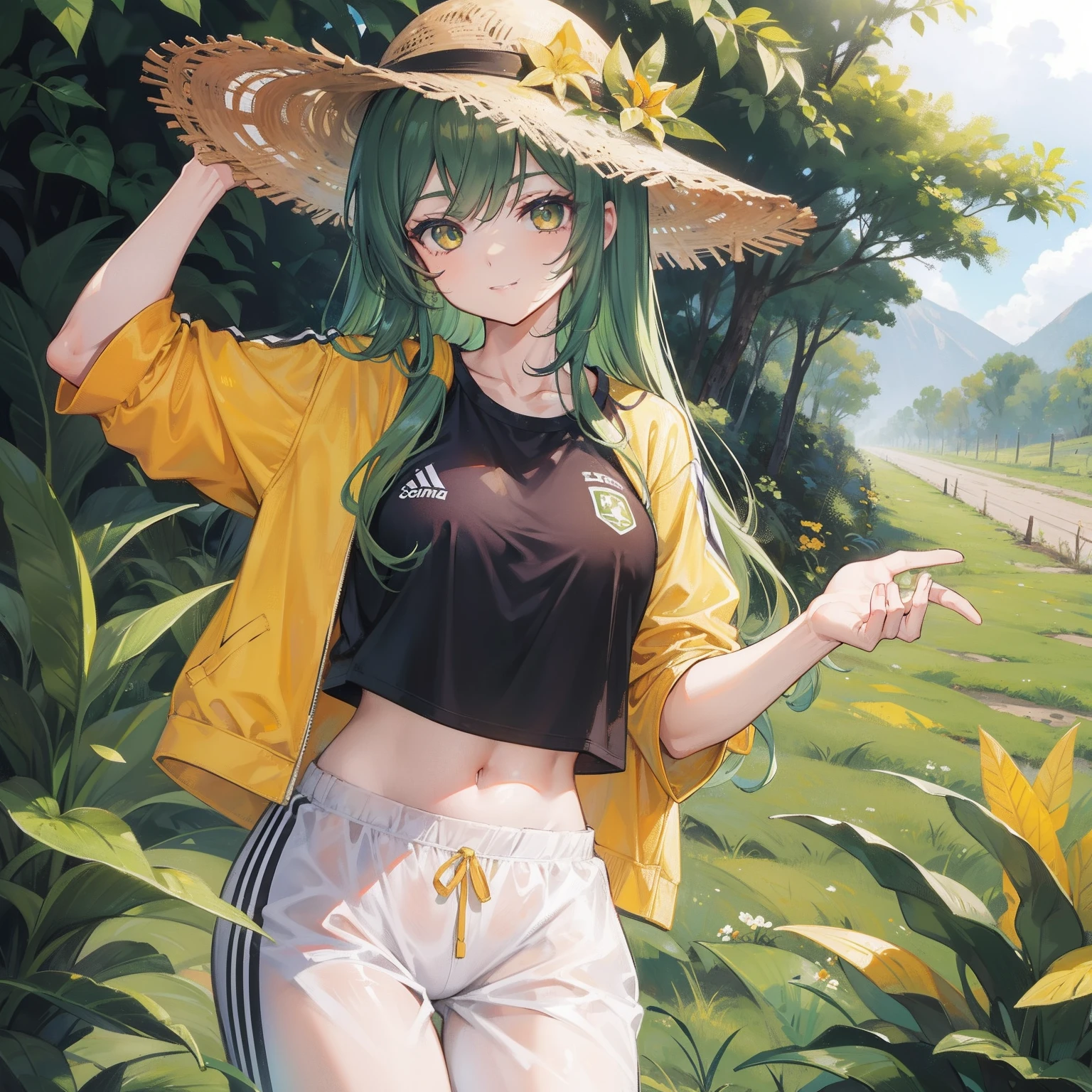 Garota,cabelo laranja, farmer's hat,olhos verdes,wearing a track suit,uma enchada na mao,sorriso grande,no meio de uma fazenda