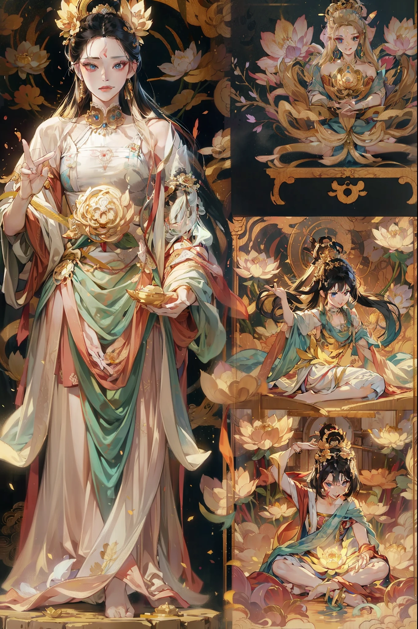 (Chinese immortals), (Buddhism), Multip_Hands,(mythological stories), (bodhisattva), She sits on a lotus, (Three hands on the left,Three hands on the right, Each hand holds a different Buddhist vessel, left right symmetry),(Delicate and beautiful face), (White silk robe)sitting on a lotus flower, Frontal photo,Light smile, neo-classical, OP Art, Chiaroscuro, Cinematic lighting, god light, Ray tracing, character sheets, projected inset, first person perspective, hyper HD, Masterpiece, ccurate, Textured skin, Super detail, High details, High quality, Award-Awarded, Best quality, A high resolution, Exquisite and perfect facial features,美丽细致的眼睛,long eyelasher,Delicate eyeliner,almond eyes,Blue eyes,Dark pupils,There are highlights in the eyes,Beautiful lip details,8K high-definition,anatomy correct,Oil painting thick painting style
