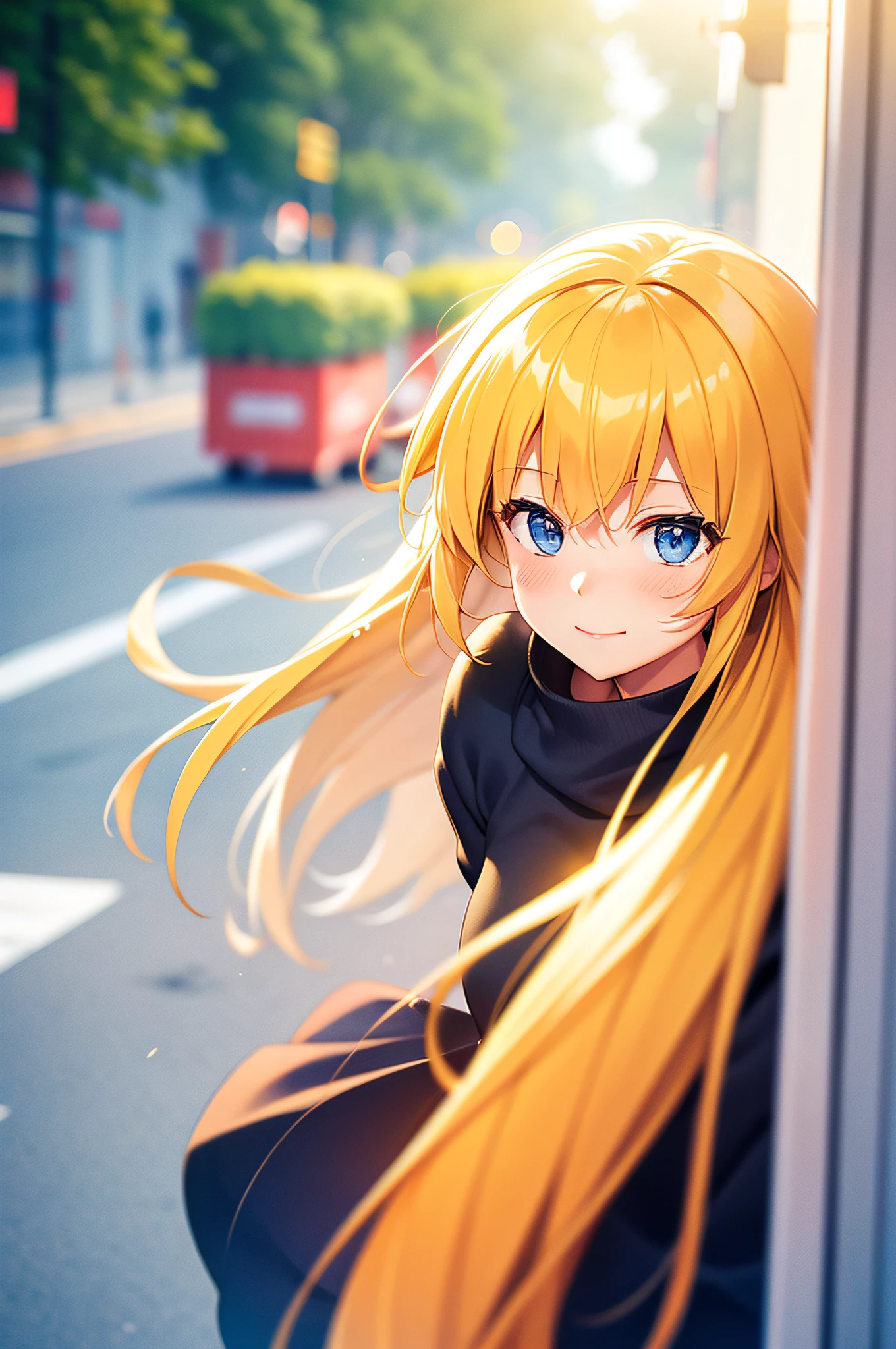 "vibrant sunlight illuminating a cheerful girl with golden hair as she waves goodbye against a blurred street background"