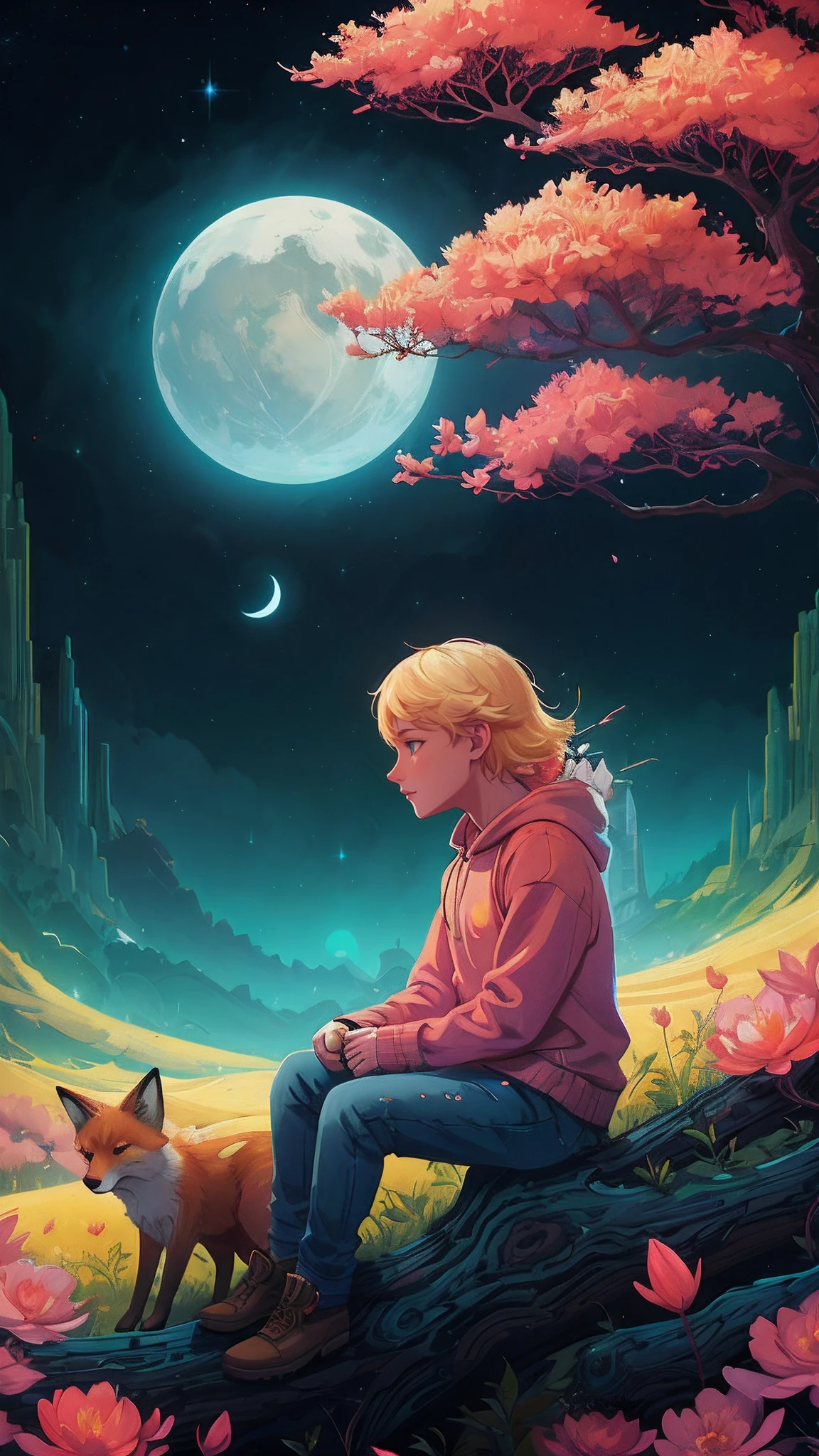 there is a little blonde boy with short hair sitting on a tree branch with a fox, inspired by Cyril Rolando, beeple and jeremiah ketner, in style of cyril rolando, cyril rolando and goro fujita, calm night. digital illustration, by Cyril Rolando, background artwork, novel cover art for a book, a beautiful artwork illustration