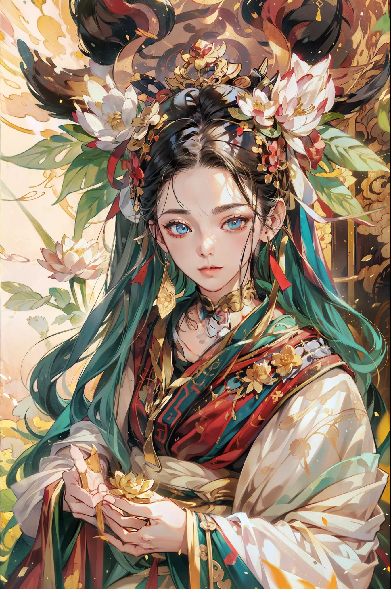(Chinese immortals), (Buddhism), Multip_Hands,(mythological stories), (bodhisattva), She sits on a lotus, (Three hands on the left,Three hands on the right, Each hand holds a different Buddhist vessel, left right symmetry),(Delicate and beautiful face), (White silk robe)sitting on a lotus flower, Frontal photo,Light smile, neo-classical, OP Art, Chiaroscuro, Cinematic lighting, god light, Ray tracing, character sheets, projected inset, first person perspective, hyper HD, Masterpiece, ccurate, Textured skin, Super detail, High details, High quality, Award-Awarded, Best quality, A high resolution, Exquisite and perfect facial features,美丽细致的眼睛,long eyelasher,Delicate eyeliner,almond eyes,Blue eyes,Dark pupils,There are highlights in the eyes,Beautiful lip details,8K high-definition,anatomy correct,Oil painting thick painting style
