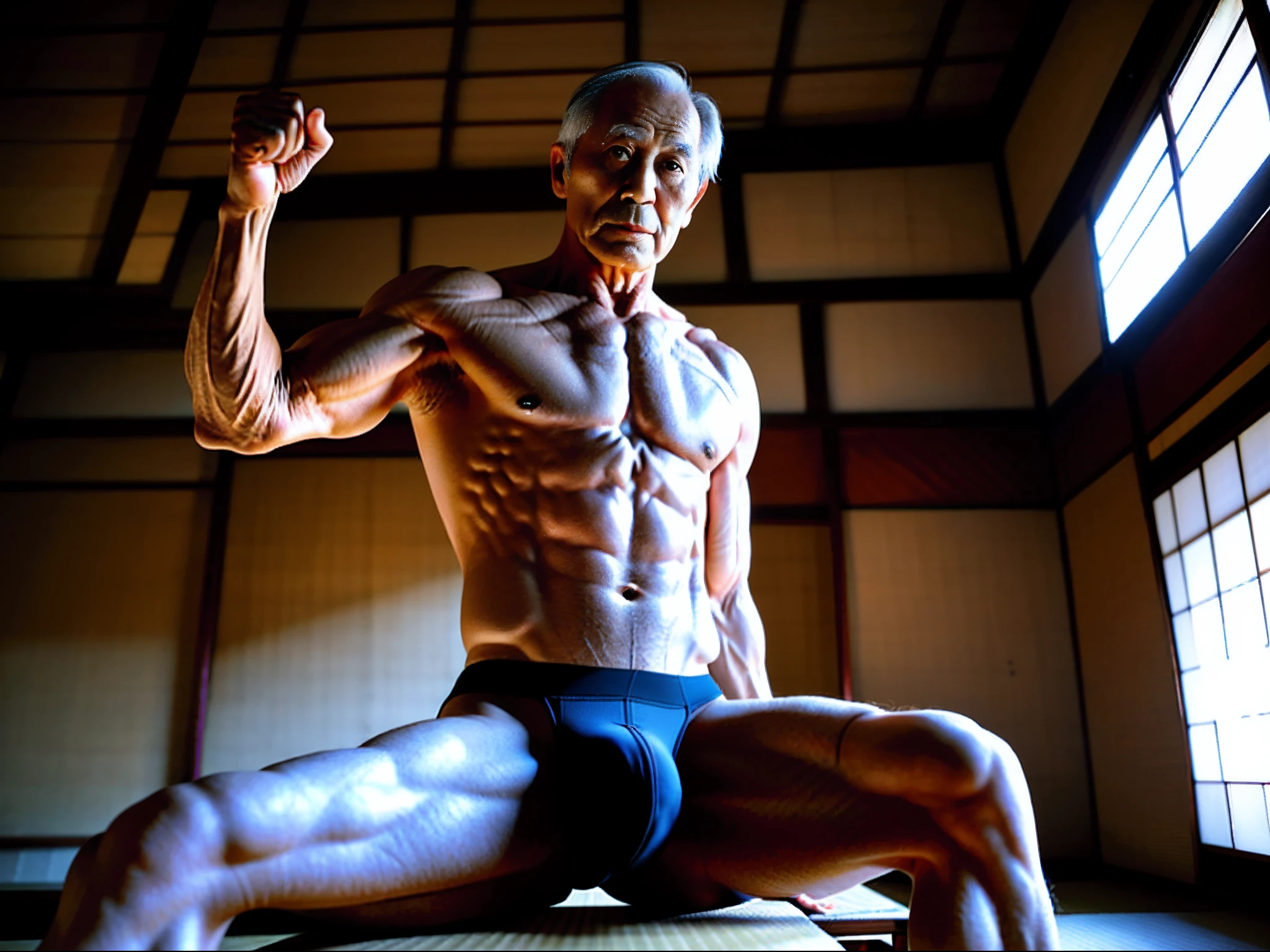 (male people),Seventy years old,Strong build,(spread their legs),No clothing,(sexy panty),In old Japanese houses,On tatami,large bulge,Hands tied behind their backs,The crotch faces the camera,High fidelity