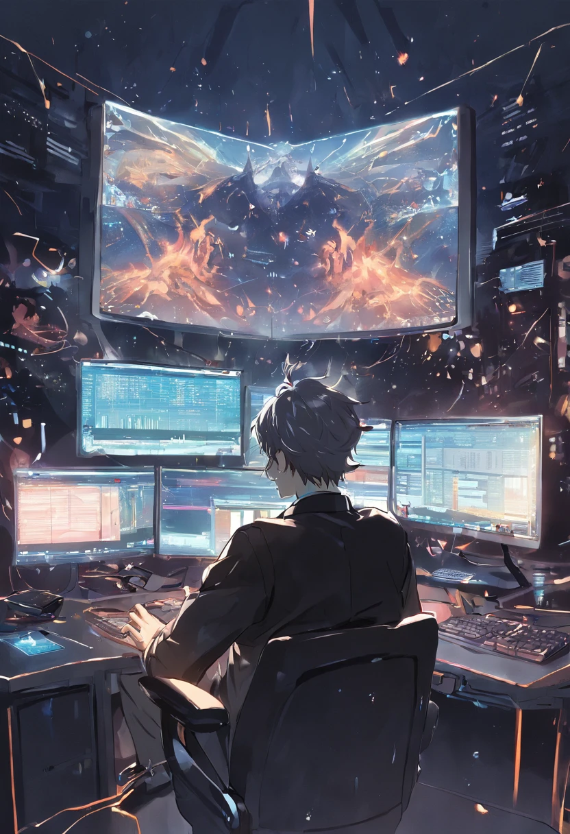 There's a man sitting at a desk with two computer monitors, sentado em um computador, sentado em frente ao computador, olhando para o monitor, displaying stock charts, sentado em uma mesa de computador, na frente de um computador, trading, trading stocks,