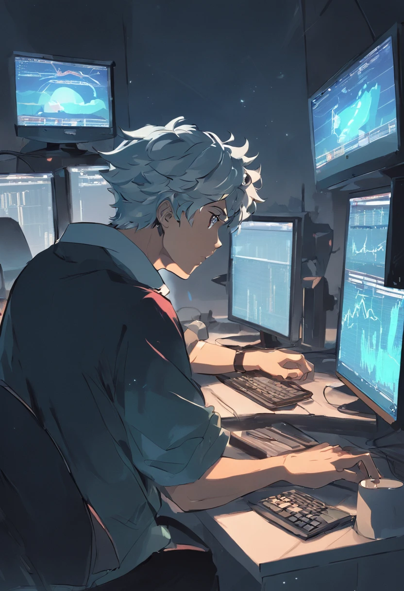 There's a man sitting at a desk with two computer monitors, sentado em um computador, sentado em frente ao computador, olhando para o monitor, displaying stock charts, sentado em uma mesa de computador, na frente de um computador, trading, trading stocks,