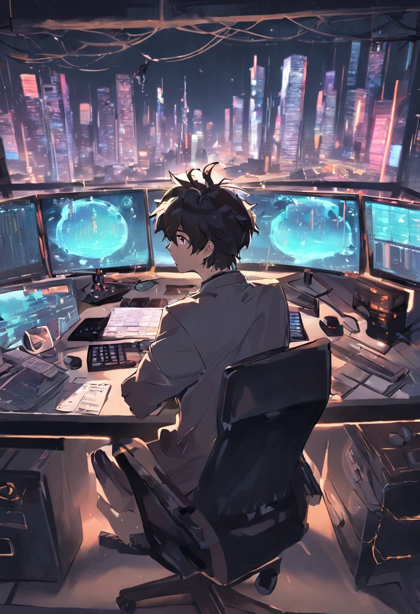 There's a man sitting at a desk with two computer monitors, sentado em um computador, sentado em frente ao computador, olhando para o monitor, displaying stock charts, sentado em uma mesa de computador, na frente de um computador, trading, trading stocks,
