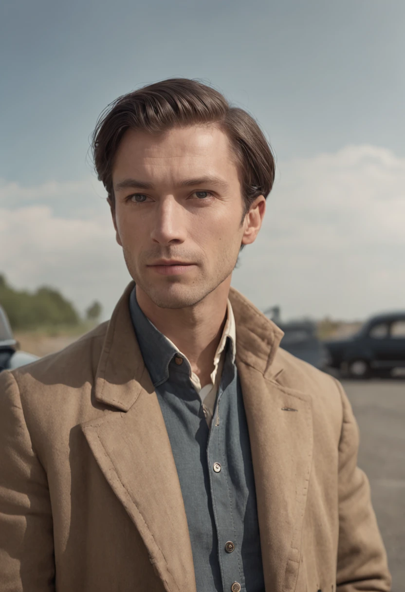 arafed man standing next to a car in a parking lot, frank moth, car commercial photograph, inspired by Harry Haenigsen, matte painting portrait shot, epic and classy portrait, inspired by Oskar Lüthy, forrest in the background, by Eamon Everall, promotional photography, by Andrew Robertson, by Emma Andijewska