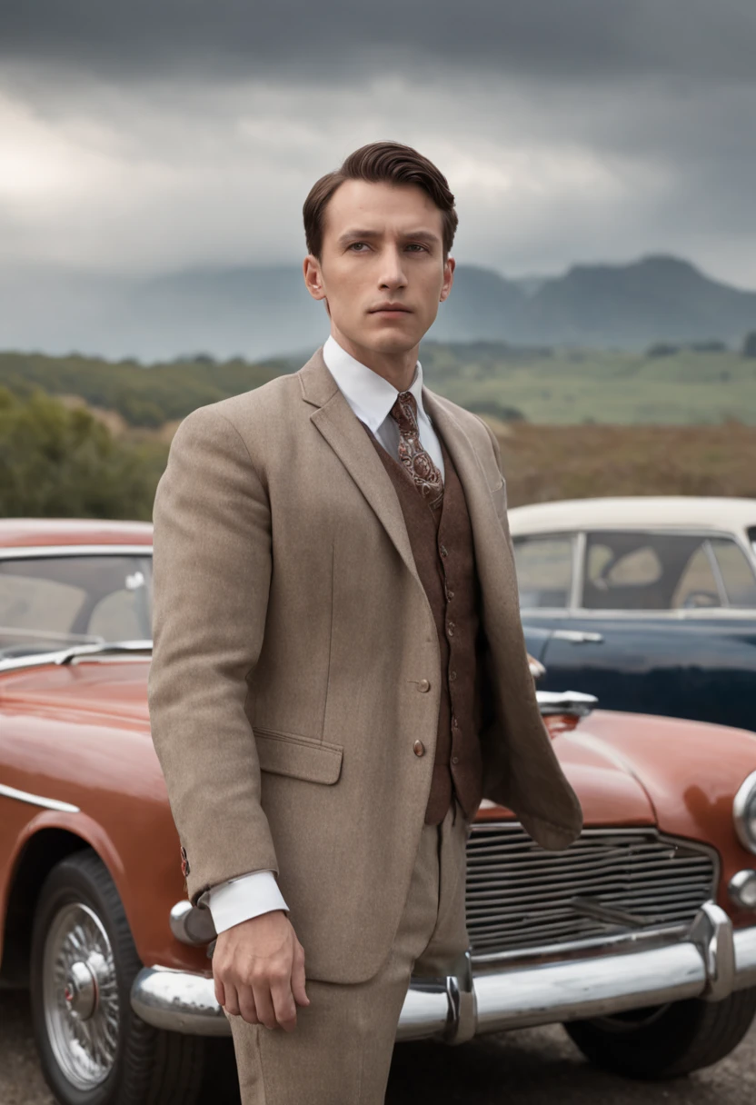 arafed man standing next to a car in a parking lot, frank moth, car commercial photograph, inspired by Harry Haenigsen, matte painting portrait shot, epic and classy portrait, inspired by Oskar Lüthy, forrest in the background, by Eamon Everall, promotional photography, by Andrew Robertson, by Emma Andijewska