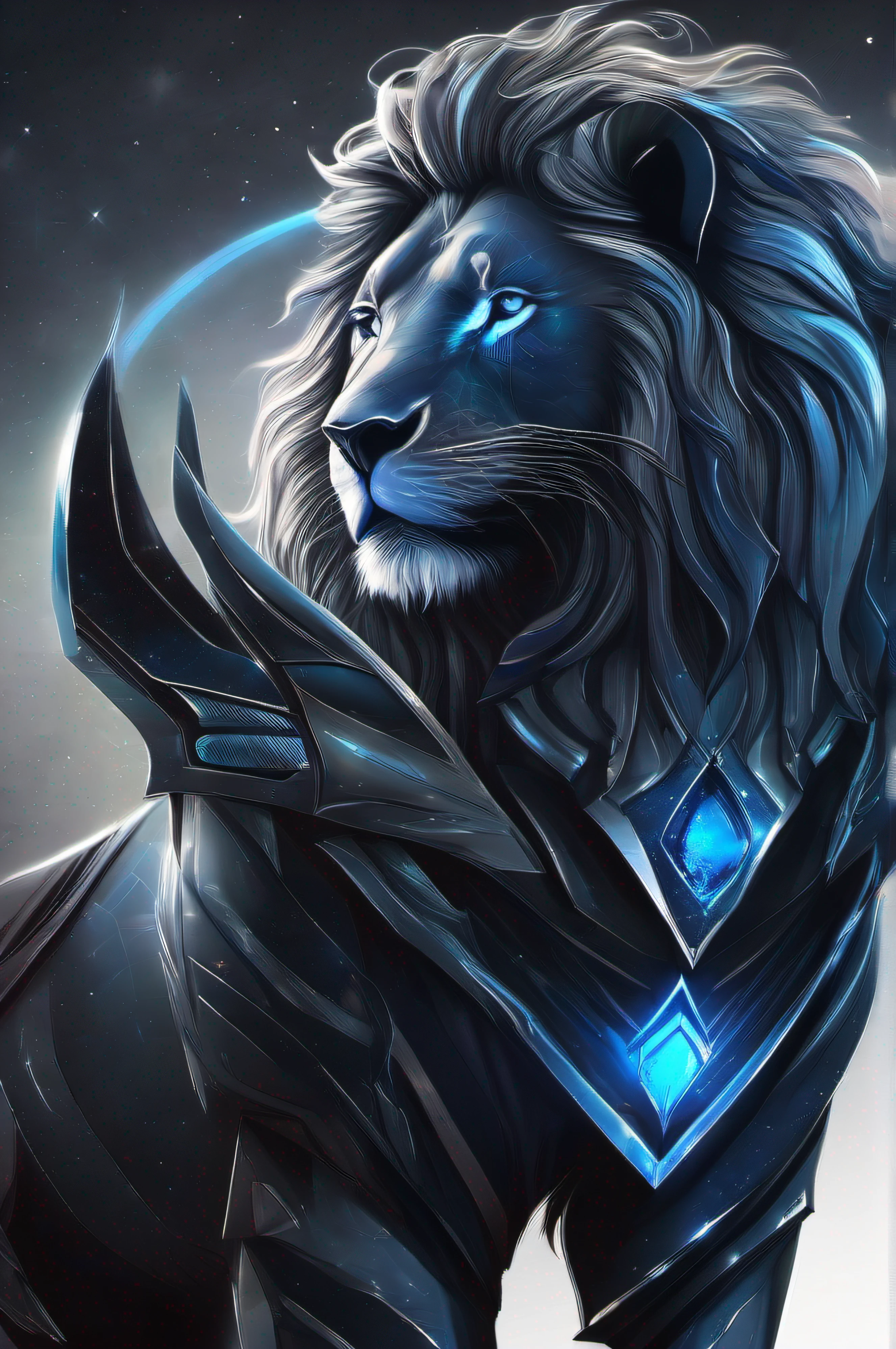 Create lion with a galactic outfit, Blue-eyed lion, da cintura para cima, Powerful lion on black background, as duas patas para frente como se fosse tocar em algo