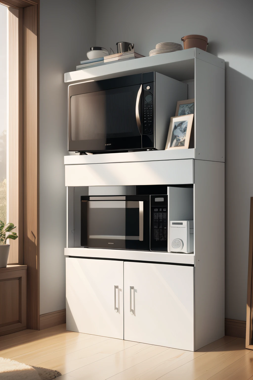 There is a white shelf with a microwave and fridge, a portrait by Bernardino Mei, unsplash, Renaissance, shelf, shelves, rack, product introduction photos, Rack, rice, short bookshelf, Corners, flat, Corner, Small kitchen, bottom angles, a wide full shot, white finish, crisp smooth clean lines, Product display, unbeatable quality, detailed wide shot, small