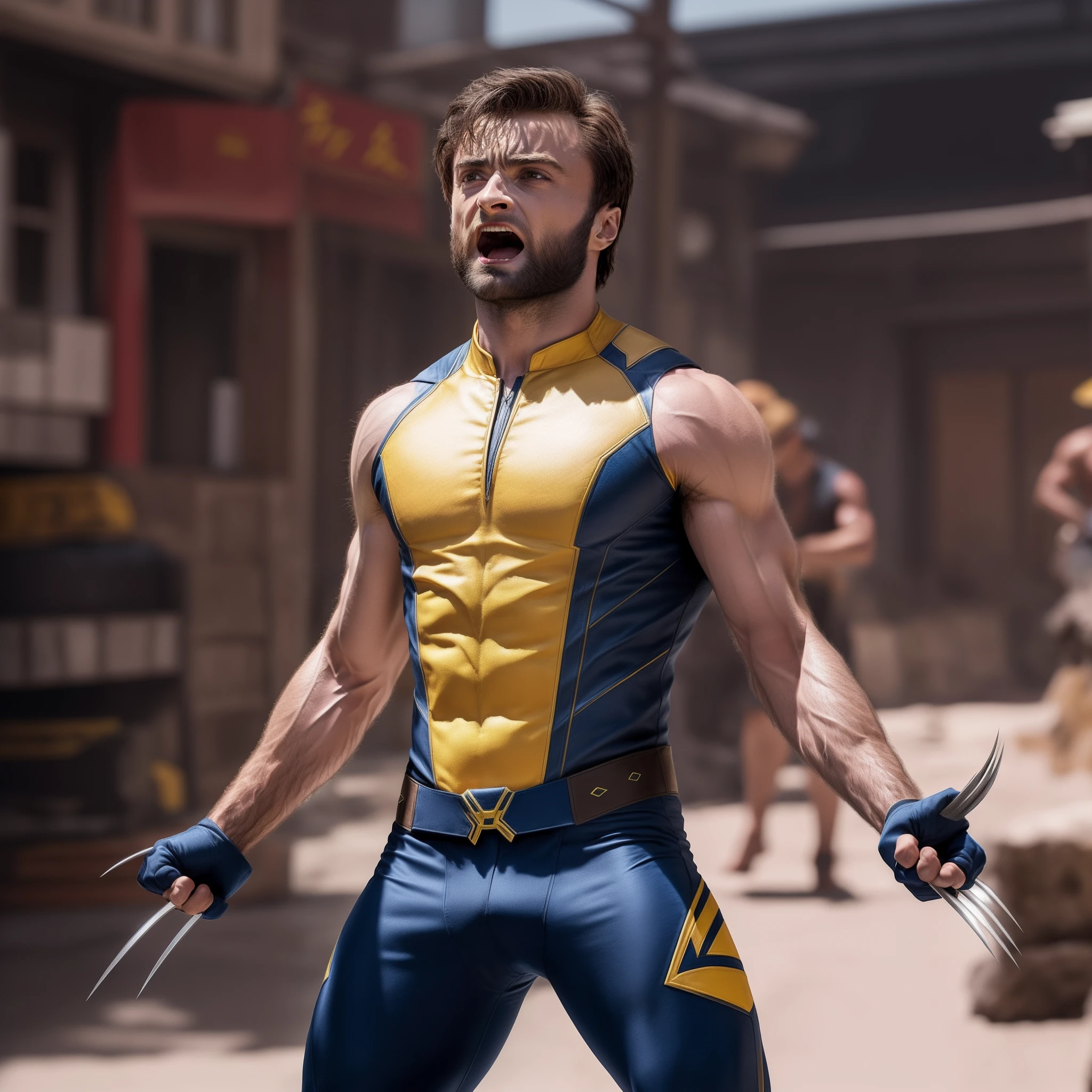 Homem Wolverine em uma roupa amarela e azul Daniel Radcliffe como Wolverine, wolverine action pose, carcaju comeu, Traje amarelo do X-Man, Logan, Traje X-Man.