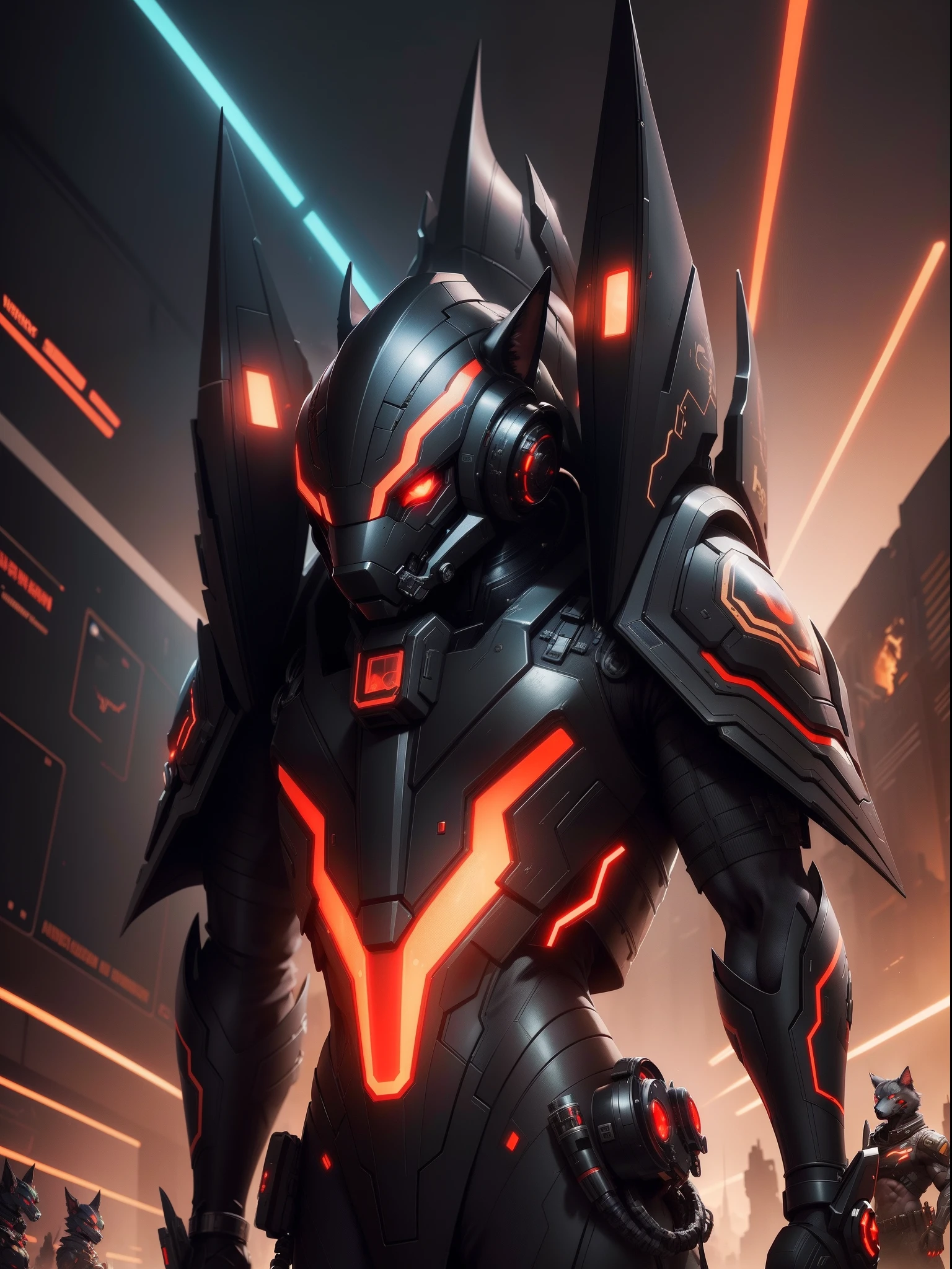 High Resulotion , Much details, Digital Art ,
On the Front a black-gold Male Anthro Anubian cyborg Jackal acrador Mindmachine with a scifi Blaster and Red Eyes , Background : Neonlighs and Scifi Hanger with Spaceships , in the distance stand some Black-red Anthro Anubian jackal soldiers , Any Red Banners at the walls