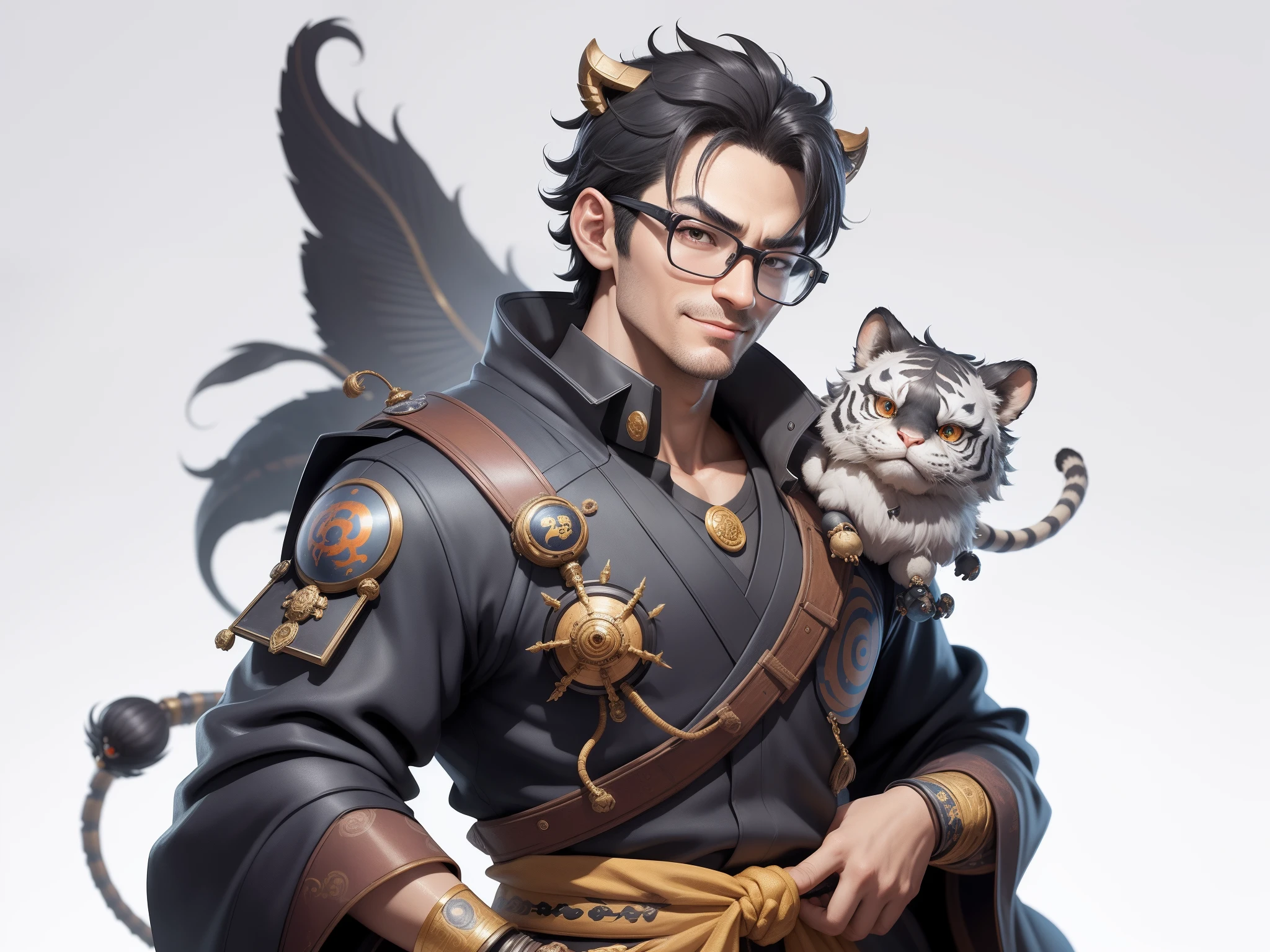 (Masterpiece), (Excellent), (Super Meticulous), (Full Body: 1.2), Super Young Man with Japanese Female Geisha, Pretty, Beautiful, Chinese Dragon, Tiger, Wind God Thor, Sexy, Bursting, Oriental Face, TV Anchor, Bust Portrait Illustration, Black Suit, Blue Tie, Slightly Chubby Face, Silver Glasses, Very Clean Face, No Beard on Chin, Black Super Short Hair, Black Eyes, Confident Smile, 3c Computer Sub-Products, iPad, iPhone, Digital Painting, 3D character design by Mark Clairedon and Pixar and Hayao Miyazaki and Akira Toriyama, the illustrations are HD illustrations in 4K resolution with highly detailed facial features and cartoon-style visuals.