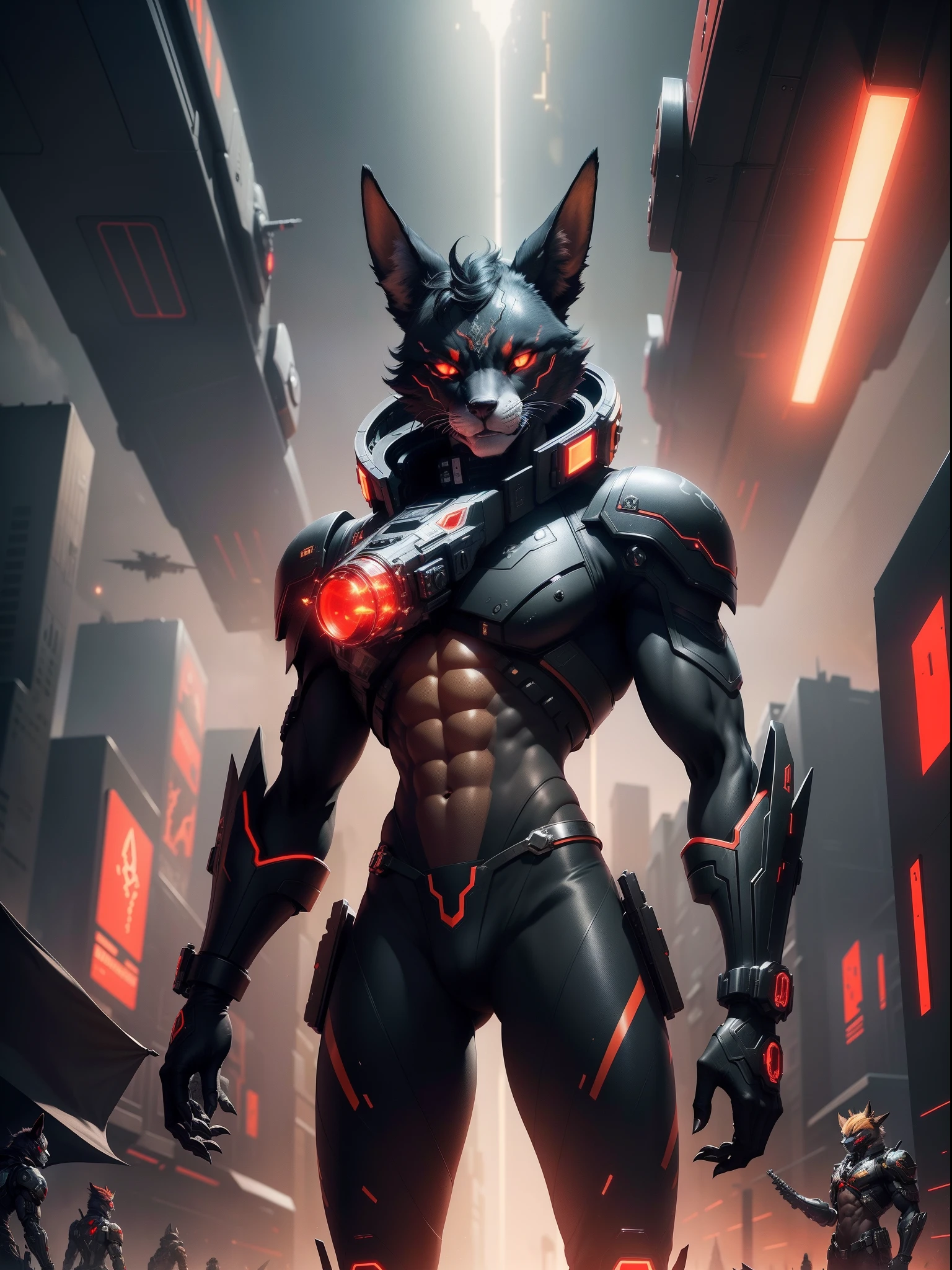 High Resulotion , Much details, Digital Art ,
On the Front a gold Male Anthro Anubian cyborg Jackal acrador Mindmachine with a scifi Blaster and Red Eyes , Background : Neonlighs and Scifi Hanger with Spaceships , in the distance stand some Black-red Anthro Anubian jackal soldiers , Any Red Banners at the walls