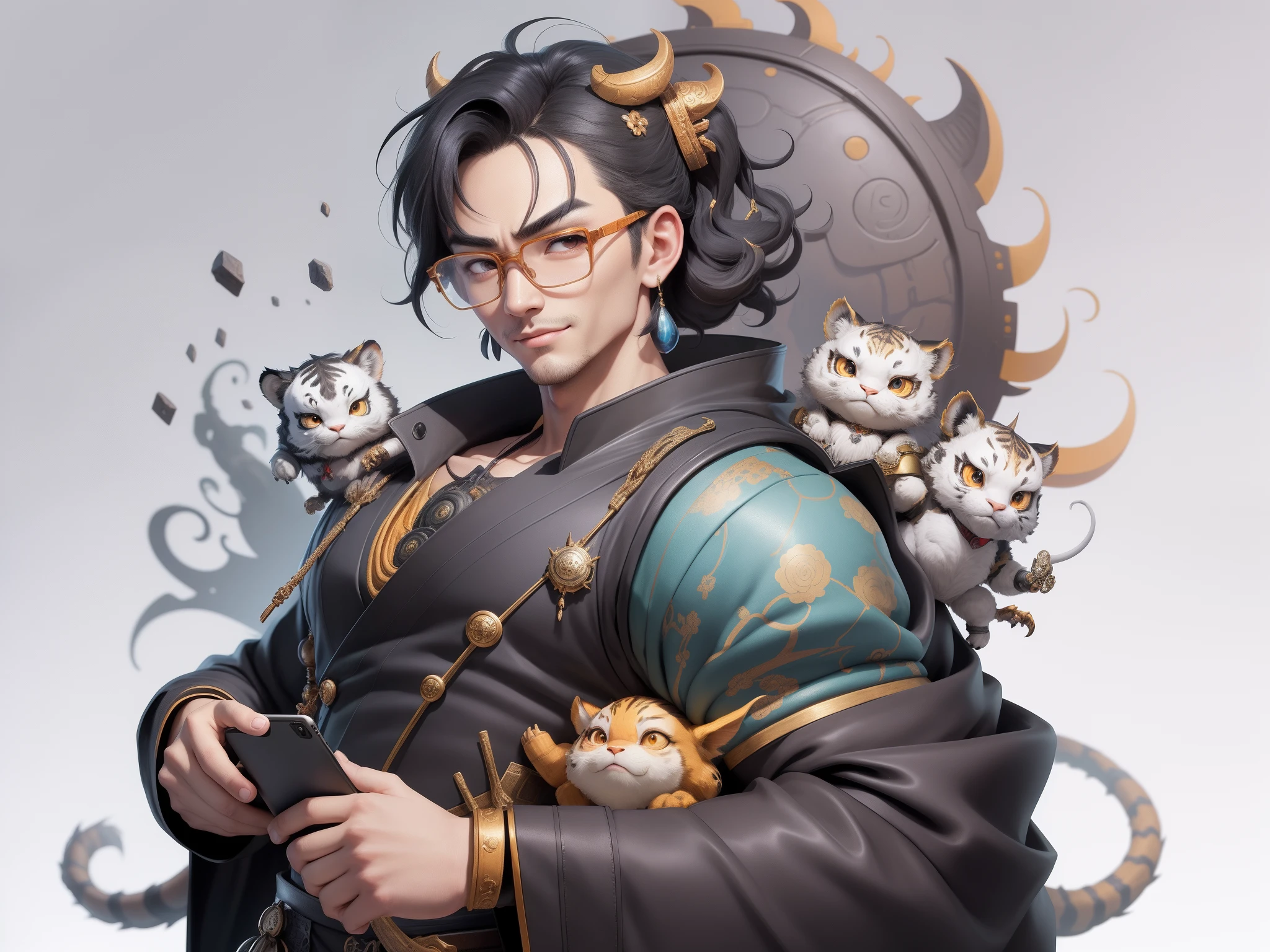 (Masterpiece), (Excellent), (Super Meticulous), (Full Body: 1.2), Super Young Man with Japanese Female Geisha, Pretty, Beautiful, Chinese Dragon, Tiger, Wind God Thor, Sexy, Bursting, Oriental Face, TV Anchor, Bust Portrait Illustration, Black Suit, Blue Tie, Slightly Chubby Face, Silver Glasses, Very Clean Face, No Beard on Chin, Black Super Short Hair, Black Eyes, Confident Smile, 3c Computer Sub-Products, iPad, iPhone, Digital Painting, 3D character design by Mark Clairedon and Pixar and Hayao Miyazaki and Akira Toriyama, the illustrations are HD illustrations in 4K resolution with highly detailed facial features and cartoon-style visuals.