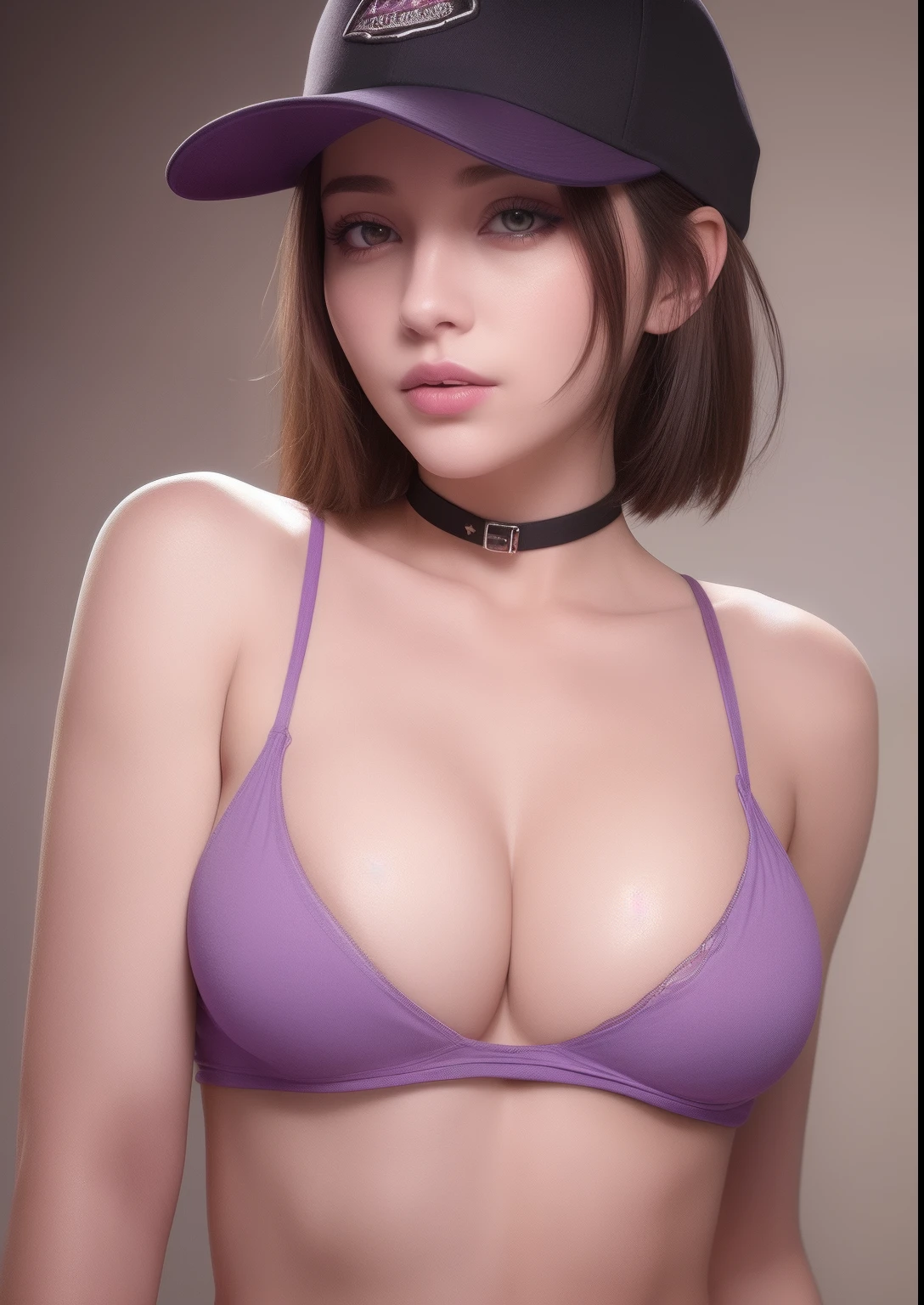 realistic, perfect anatomy, purple, eye makeup, black, baseball cap, nipples, choker, good hand,4k, high-res, masterpiece, best quality, finely detailed skin, sharp focus, collarbone, cinematic lighting [:(detailed face:1.2):0.2], small breasts, cleavage, shiny eyes, looking at viewer, ((puffy eyes)),