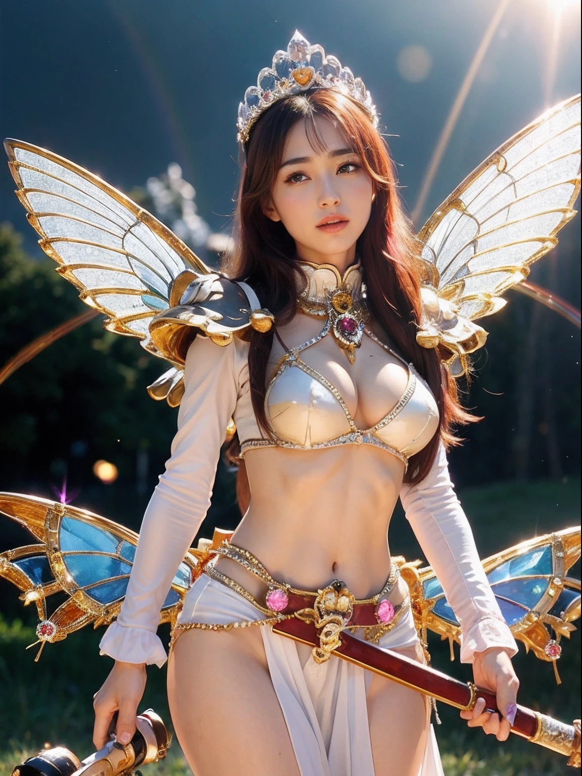 (A smile), Professional , masterpiece、top-quality、photos realistic , depth of fields (Gemstone White Metal Body:1.9),(Matte White Pink、Jewel Gold Weapon、(Gorgeous castle background)、(ultimate beauty girl)、(Rainbow fairy wings grow)、Particles of light、(Metal body of iridescent gemstones:1.9),Gorgeous Jewel Metal Weapons ,(maikurobikini)、 Detailed Sword of the Brave ,( Pink hair) ,warhammer 40k , adepta sororitas,Detail and ornate jewel crown、独奏、Brown hair、Mystical expression、cleavage of the breast、(Gangle's forest background)、Beautiful Caucasian beauty、1a person、dynamic ungle,(((Diamond tiara with detail and luxury)))、a small face、Powerful poses、(Gorgeous castle background)、huge filesize、A girl、Stand in the center of the screen、Thin female fingers、Straight long hair、Beautiful Caucasian beauty、(maikurobikini)、Hair fluttering in the wind、Look at viewers、(Armpit)、Toostock、